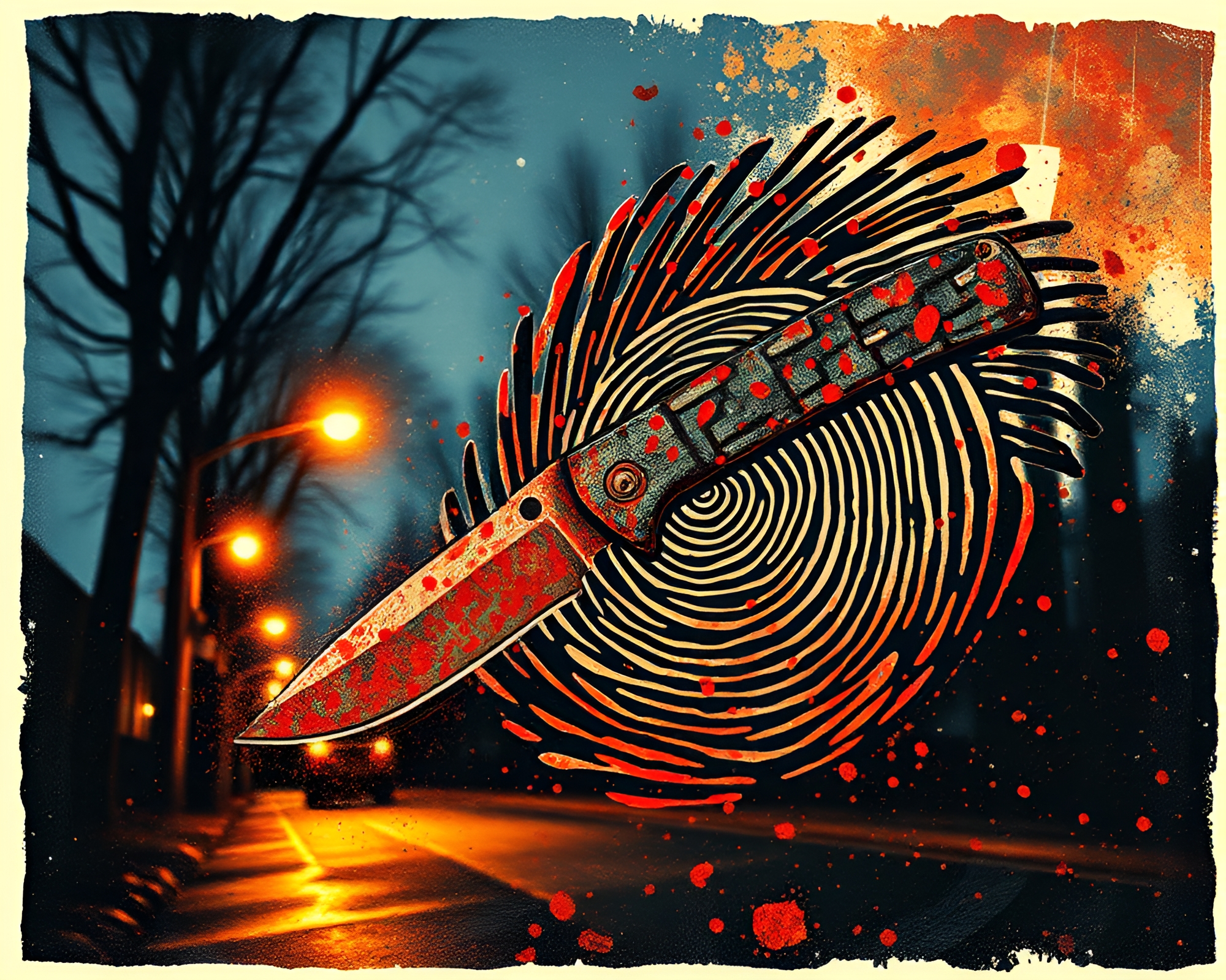 Rusty pocketknife encounters swirling fingerprint splatter art – free AI stock image