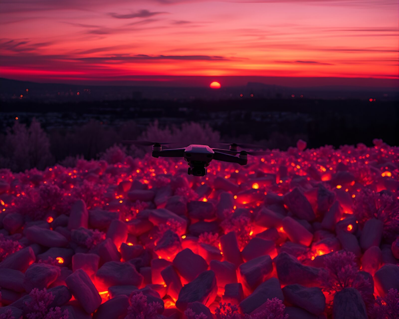 A mesmerizing aerial view of glowing embers against a sunset skyline