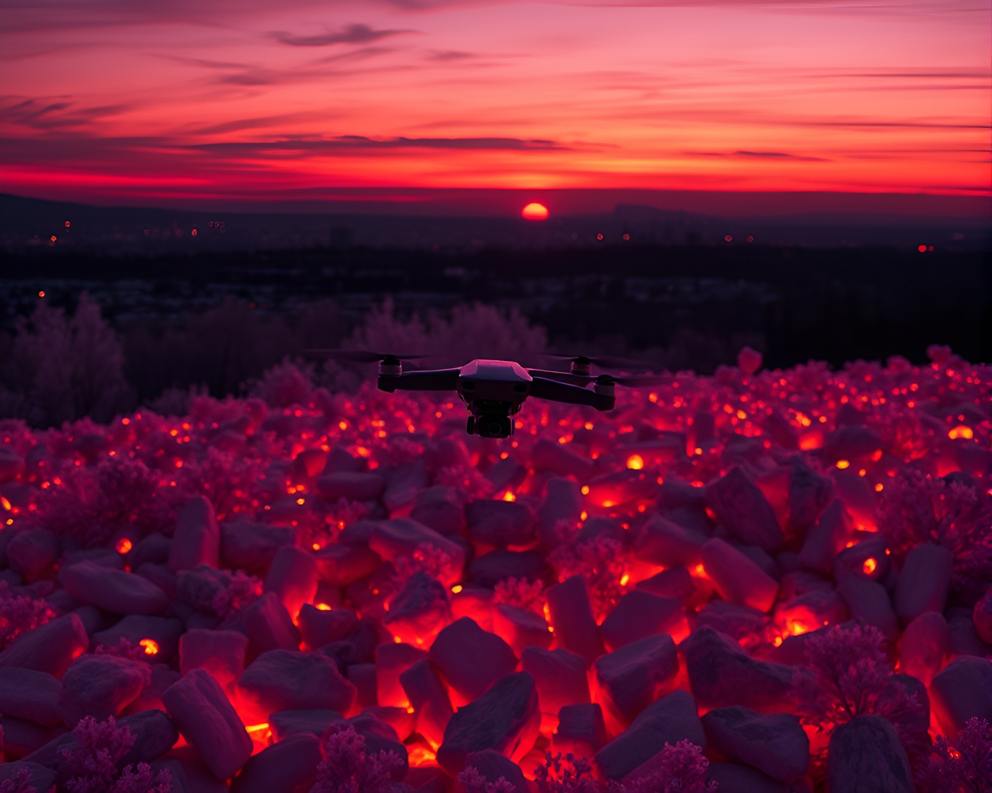 Infrared Drone Captures Floating Embers at Sunset – free AI stock image