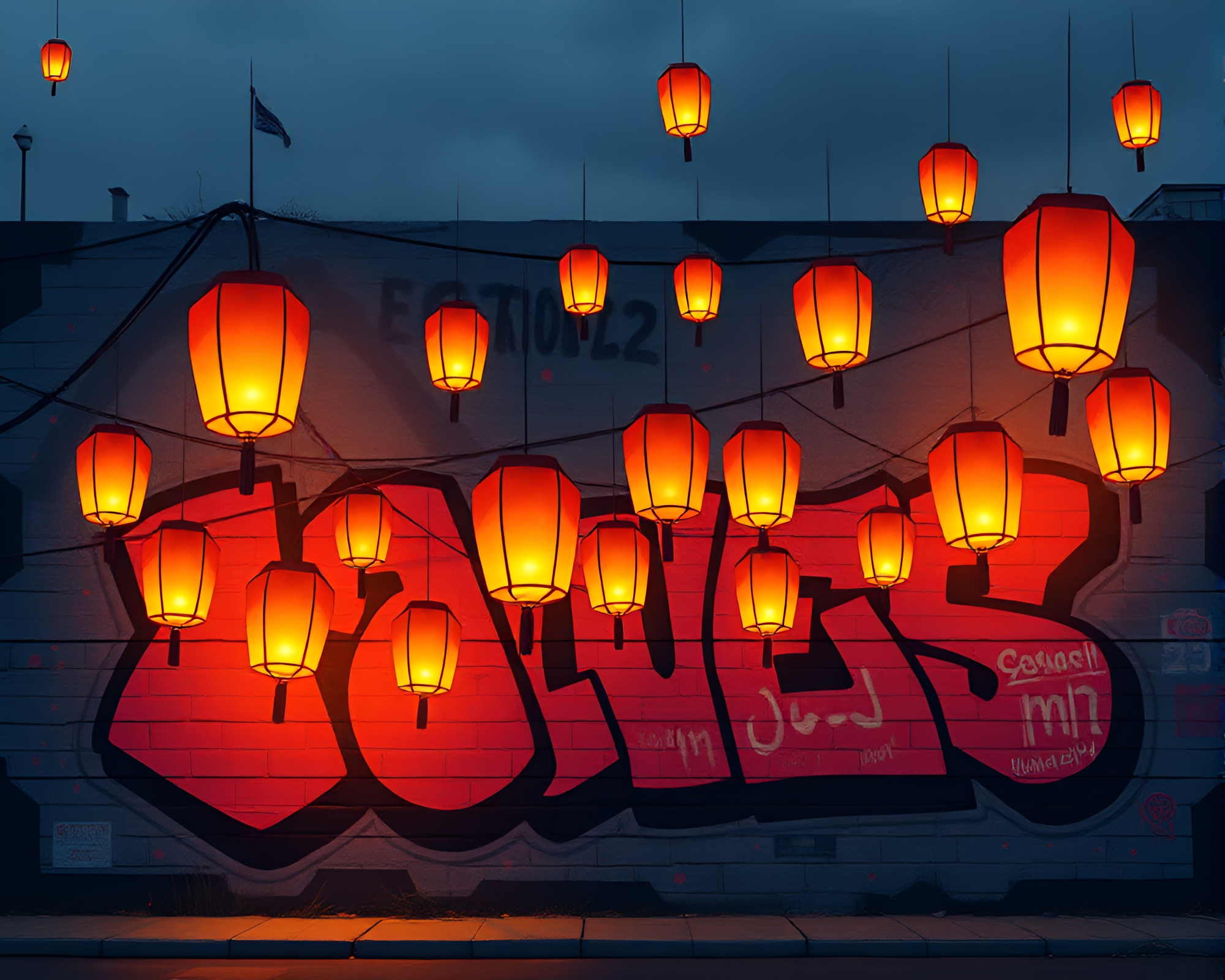 Glowing lanterns illuminate stunning mural graffiti scene – free AI stock image