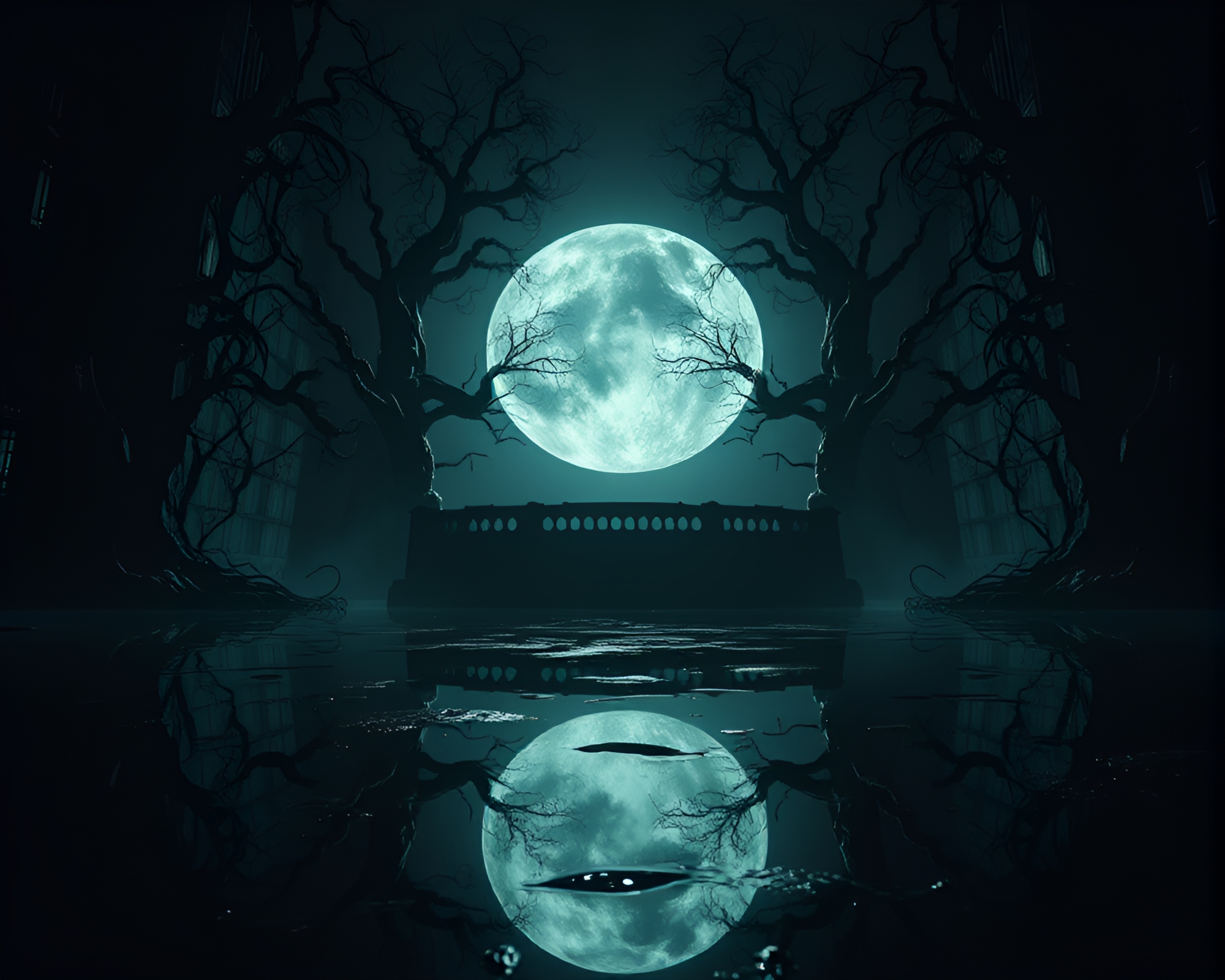 Surreal Lovecraftian nightmare with double reflections – free AI stock image