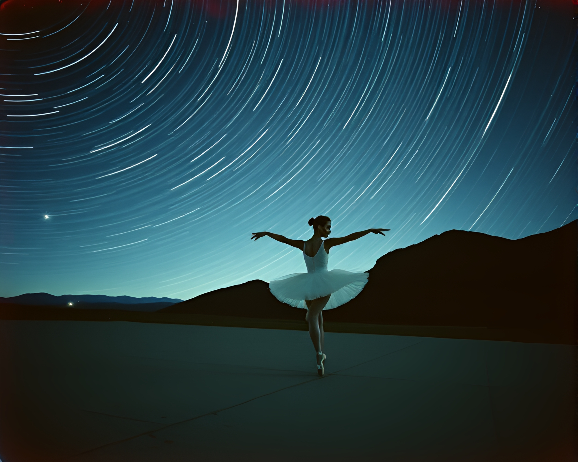Ballet Dancer Amidst Dystopian Star Trails – free AI stock image
