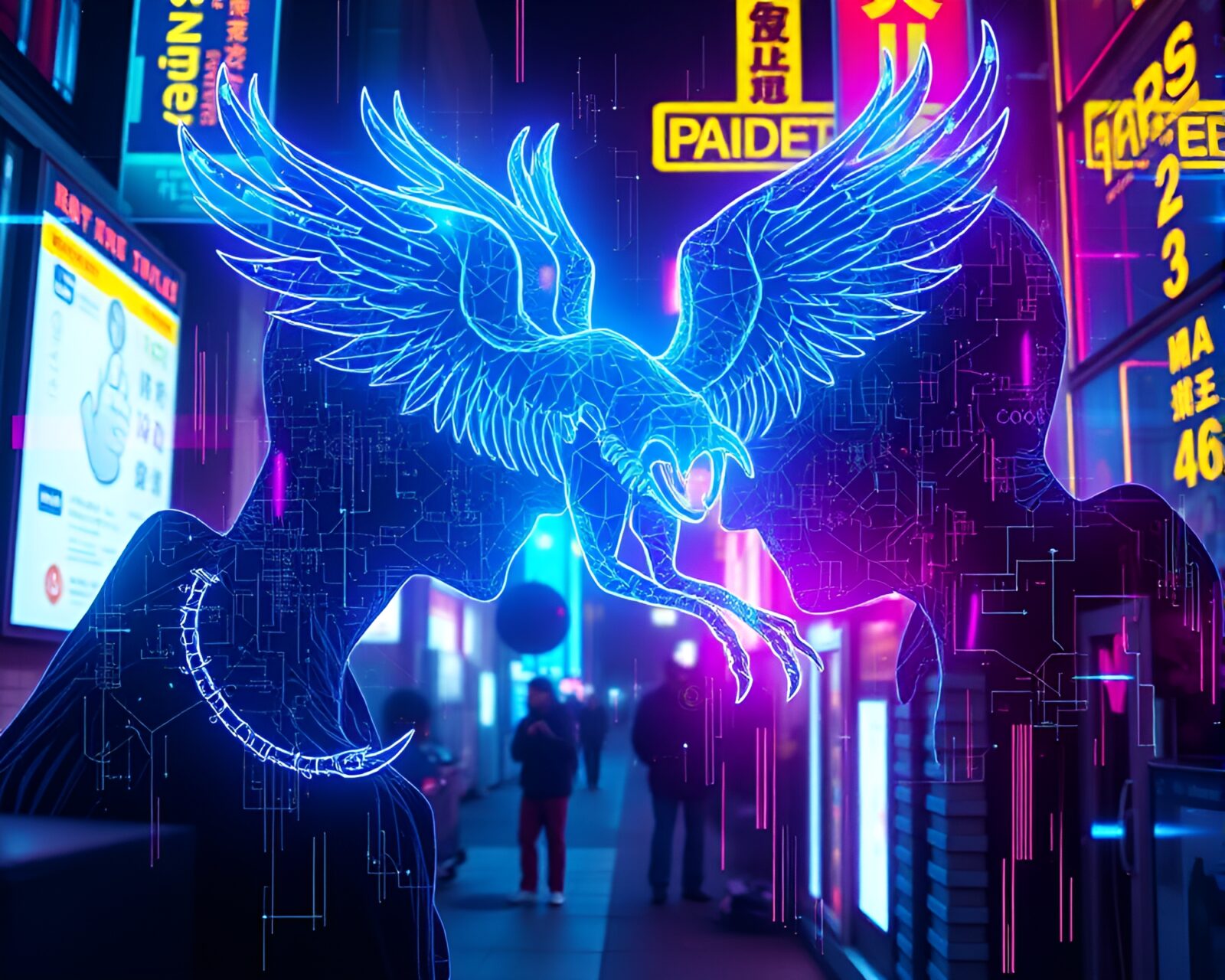 Futuristic HUD overlay with chimera-themed street art in neon colors