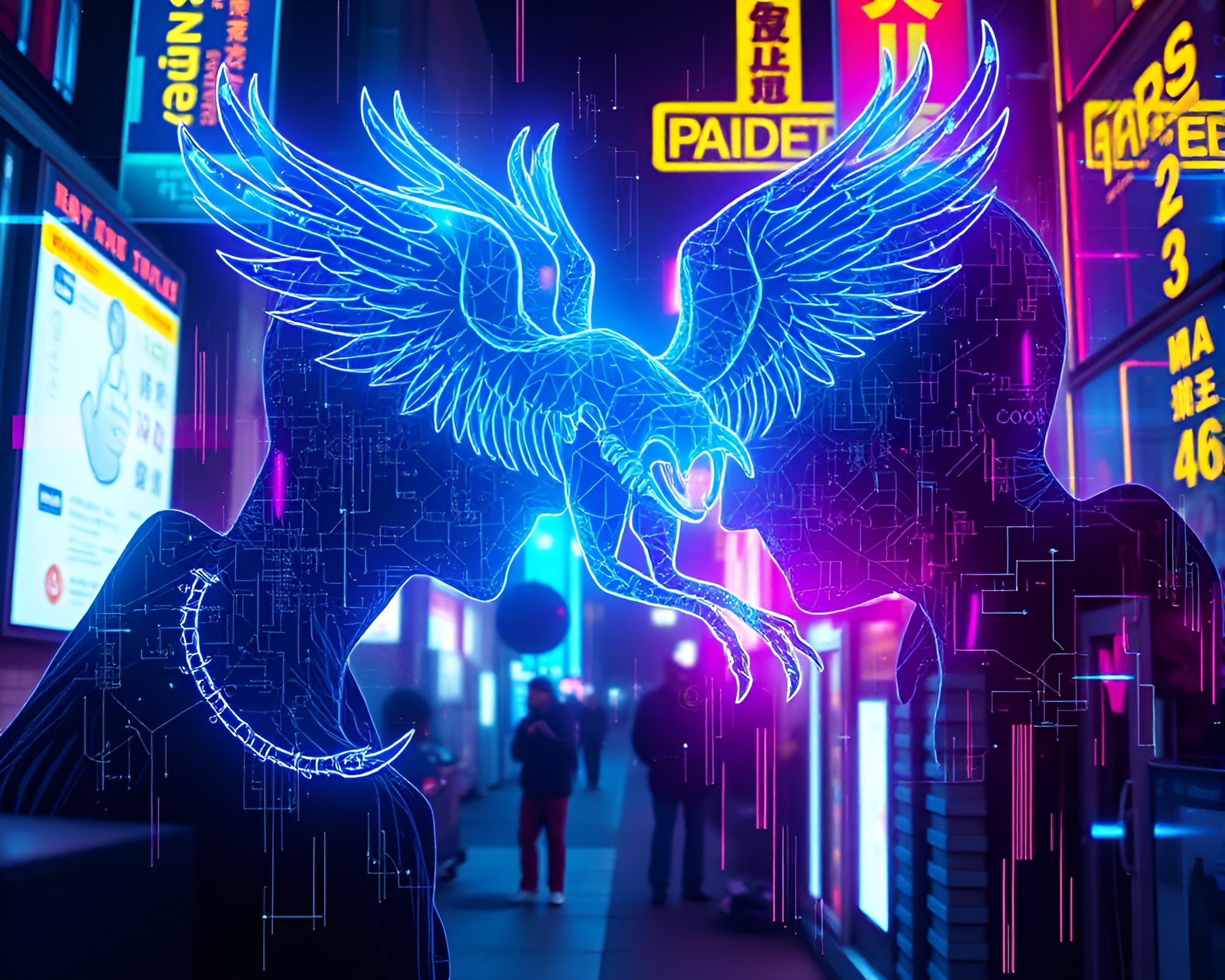 Futuristic Chimera Street Art Tags Emitting Fluorescent Glow – free AI stock image