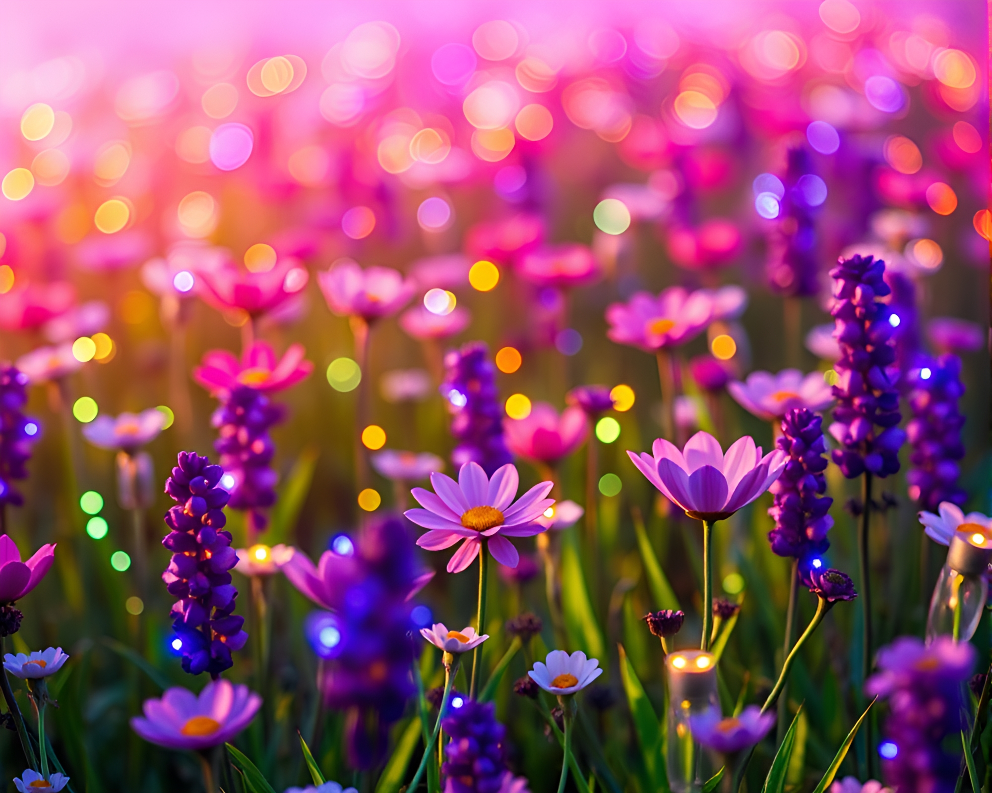 LED Pixel Flower Meadow Illuminated by Torchlight Glow – free AI stock image