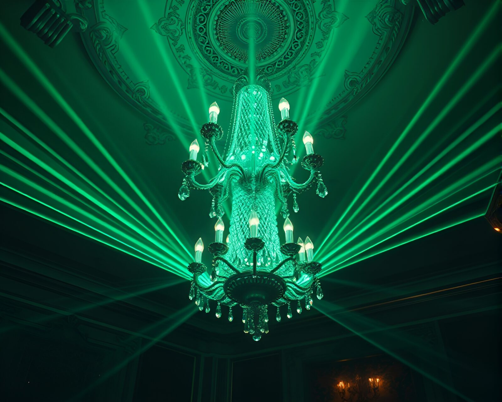 Elegant chandelier with mint green laser light reflections