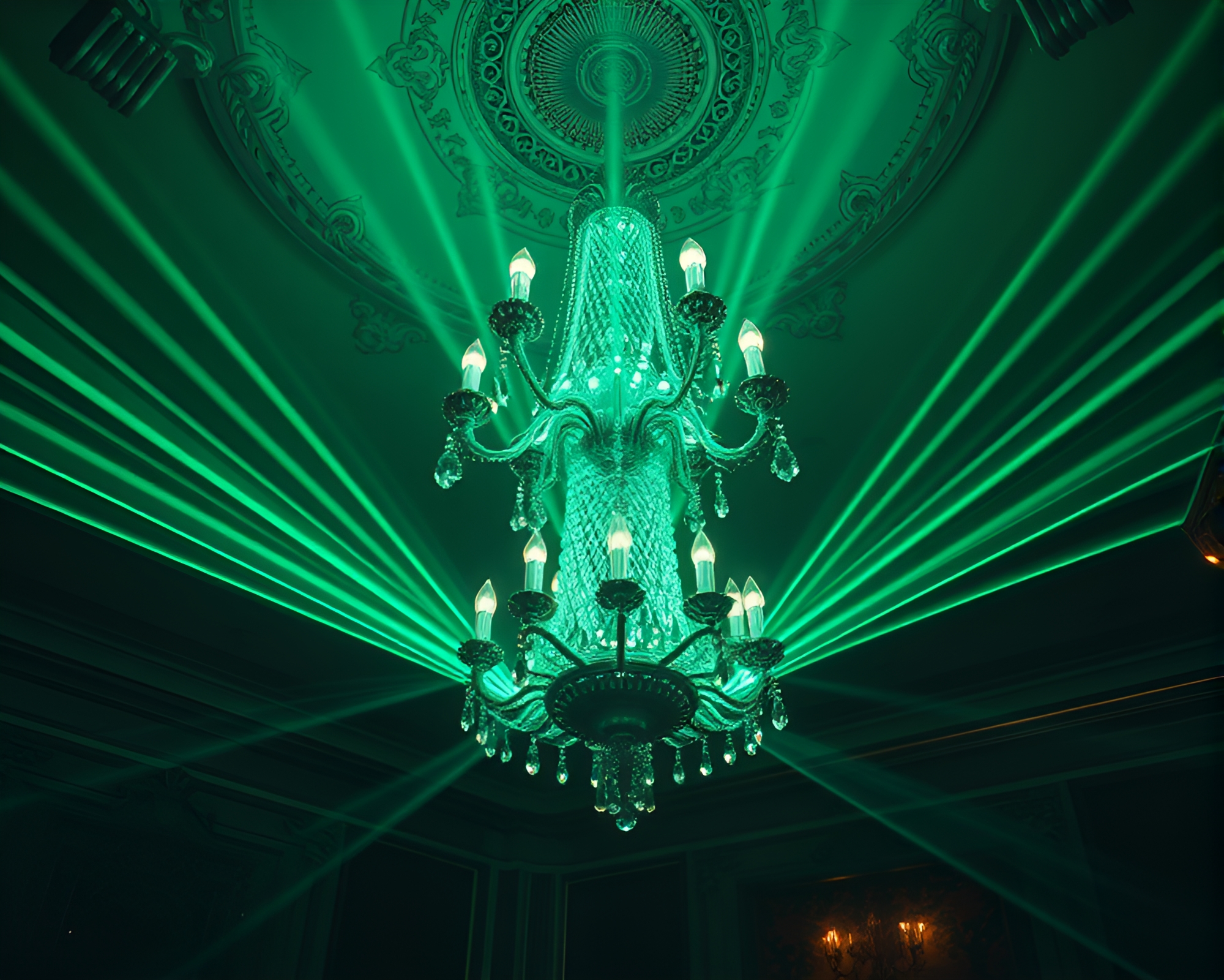 Victorian Chandelier Reflecting Mint Laser Beams – free AI stock image