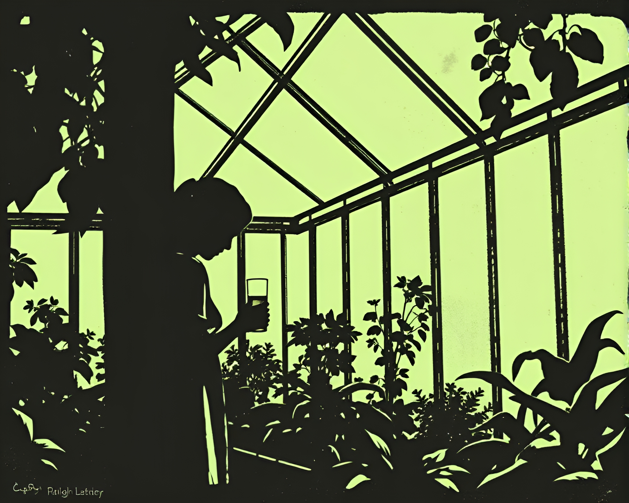 Serene Moment in Glass Greenhouse – free AI stock image