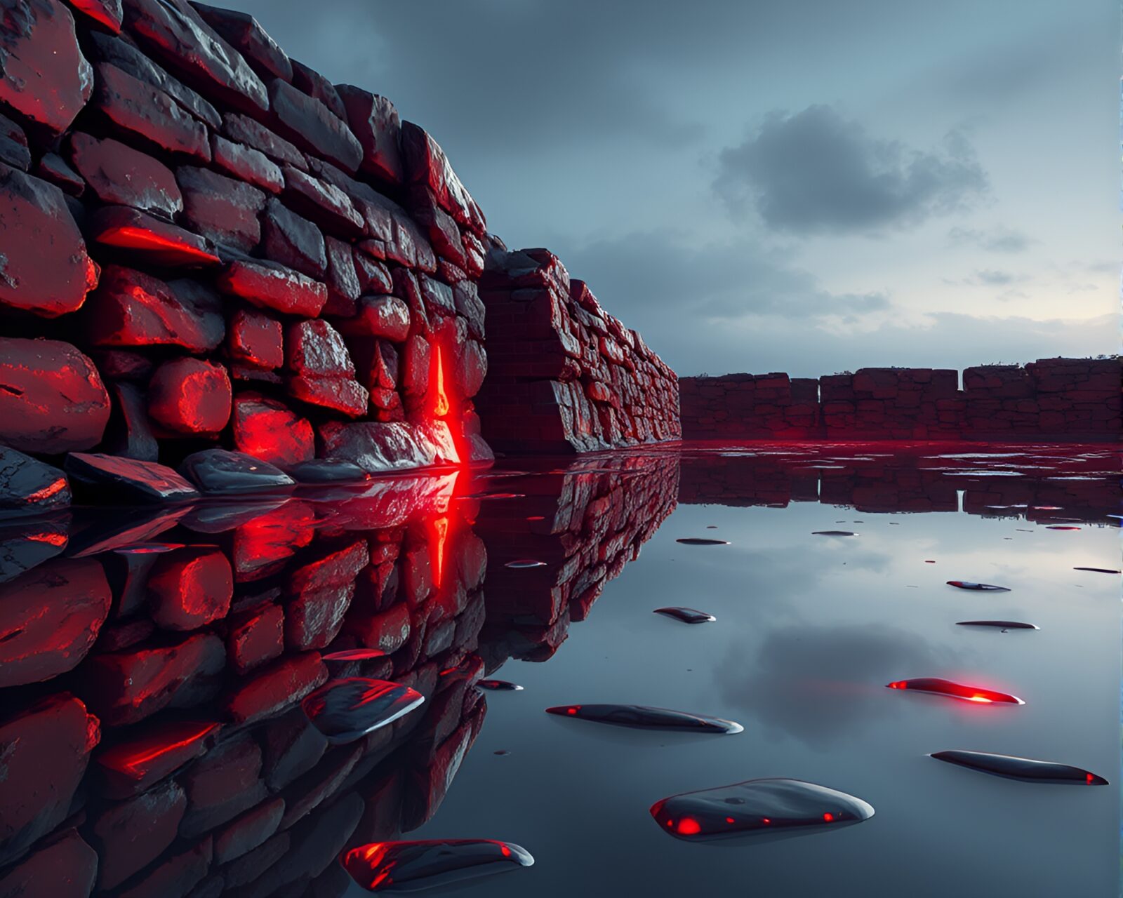Brick red glowing rune stone reflected in mirror shard