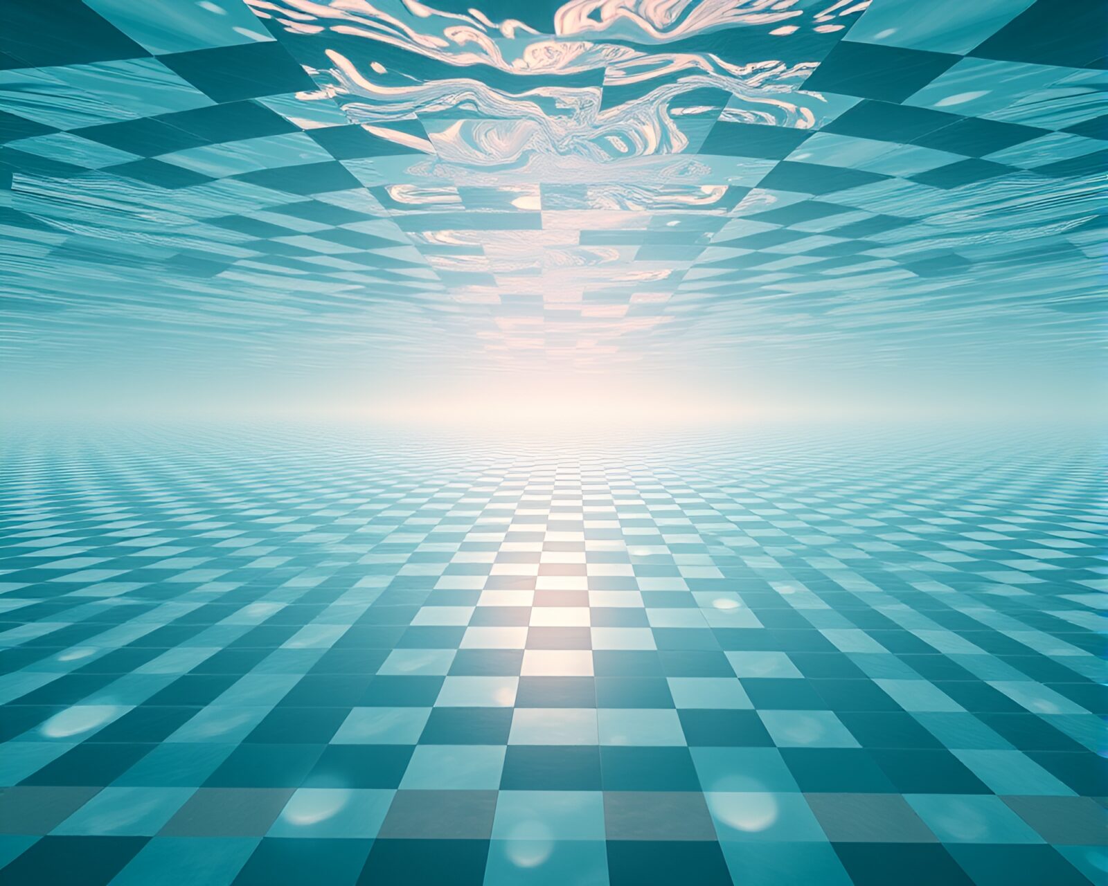 An hyper-realistic underwater dome with soft pastel checkered pattern