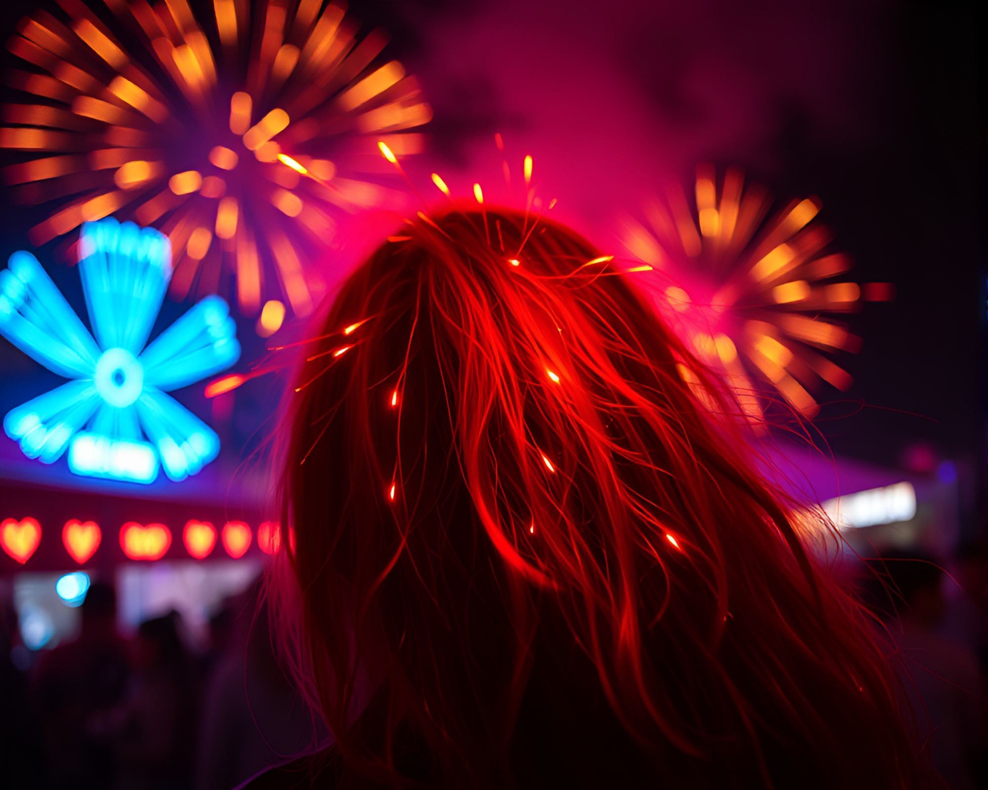 Neon Festival Fireworks with Hair Simulation Film Burn – free AI stock image