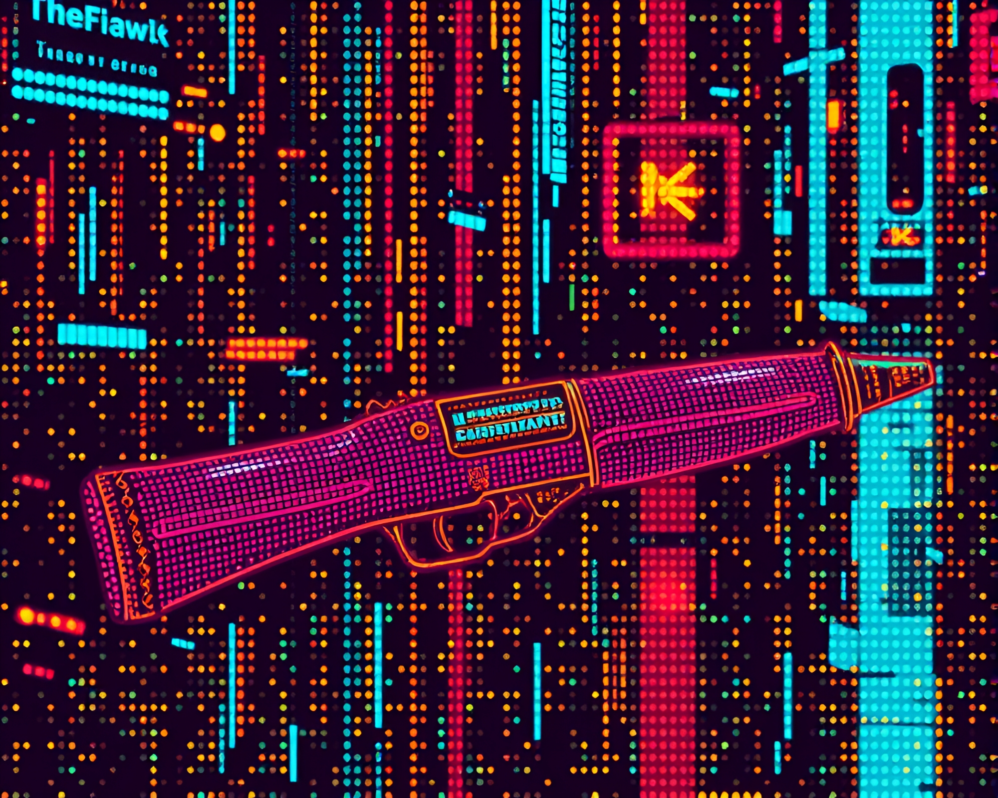 Cyberpunk Baguette Bounty in Dot Matrix Cityscape – free AI stock image
