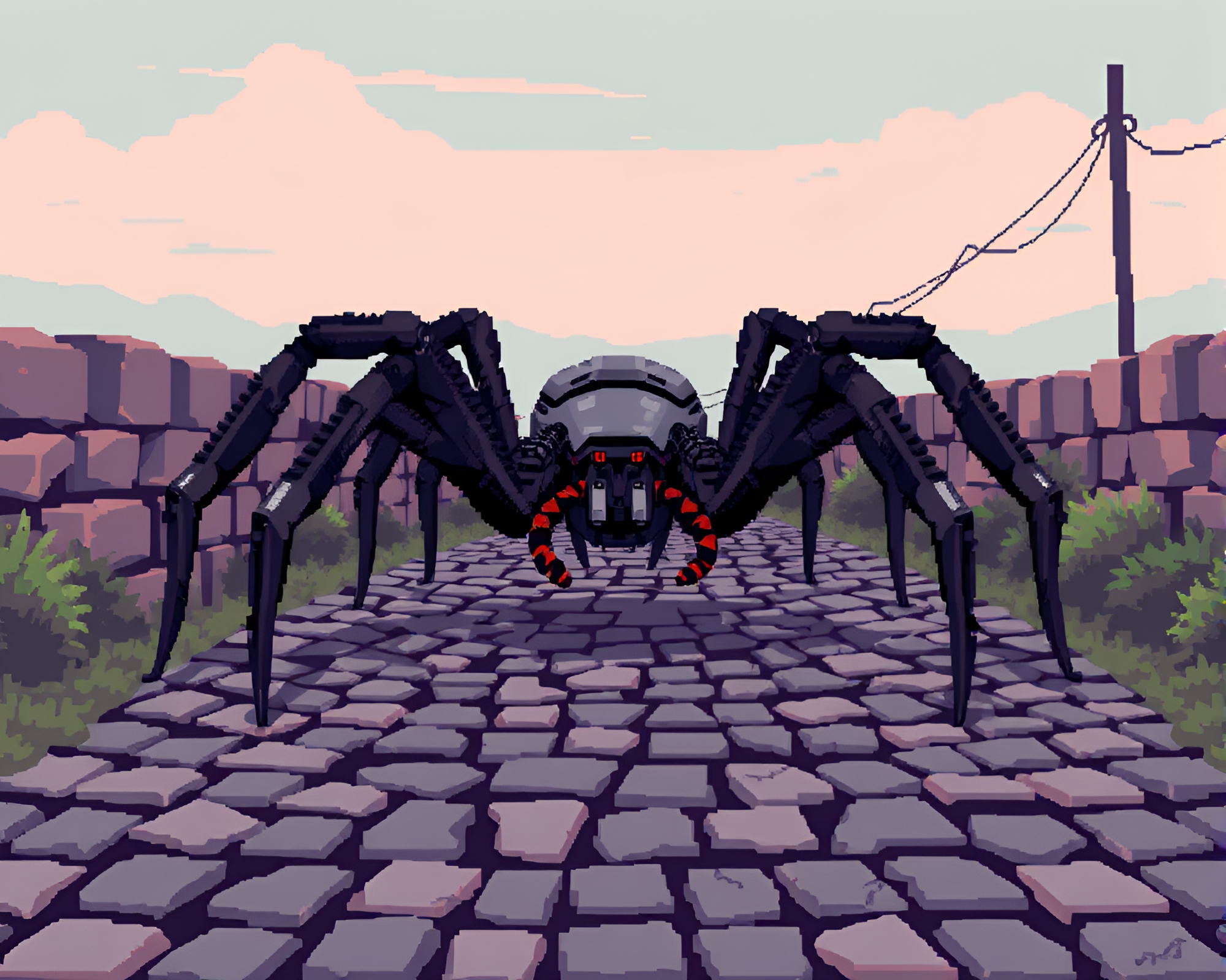 Retro Pixel Art Mechanical Spider on Cobblestone Path – free AI stock image
