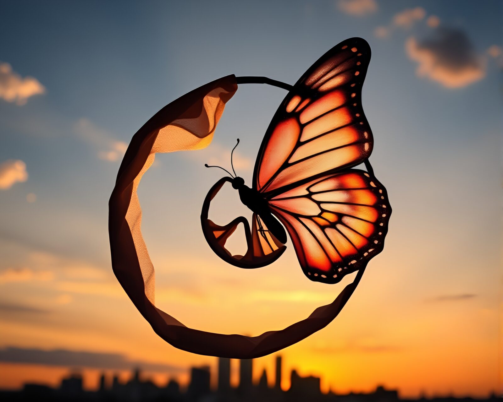 Vibrant silk butterfly spiraling against a sunset skyline
