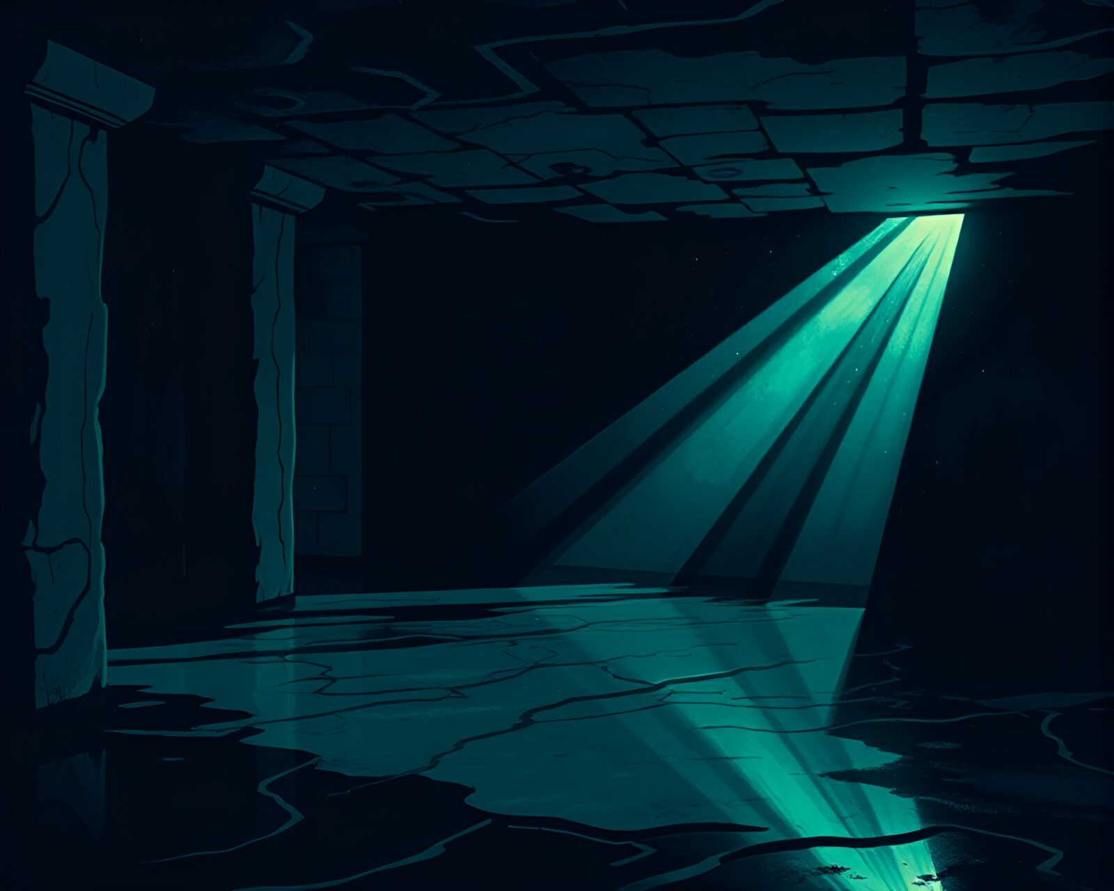 Silhouette illustration of astral projection in dimly lit basement