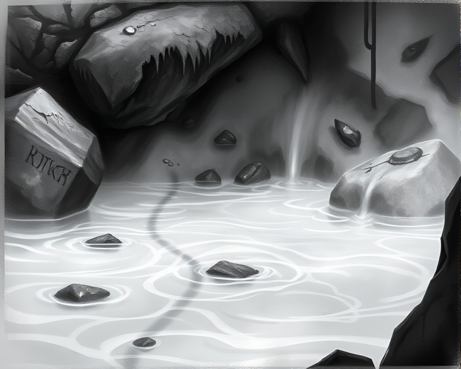 A haunting portrait in a mystical hot spring setting.