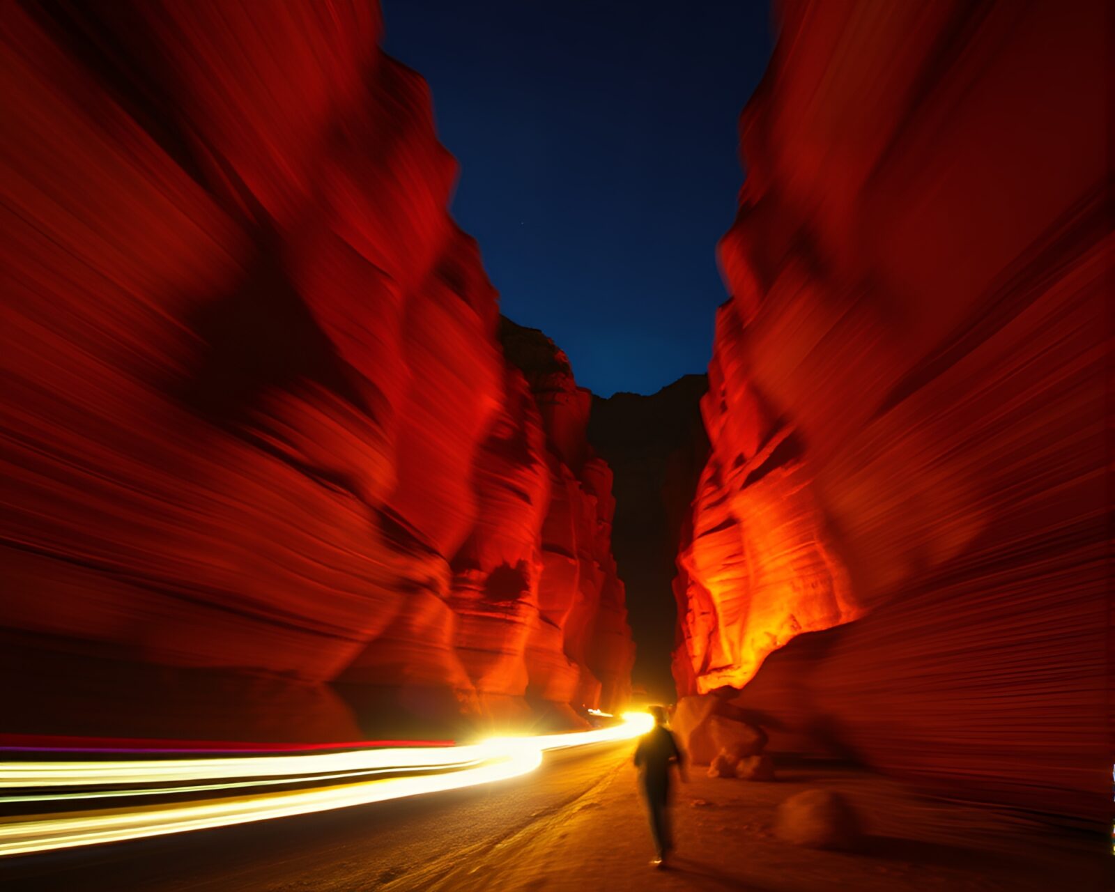 Abstract motion blur streaks in a woodcut canyon scene