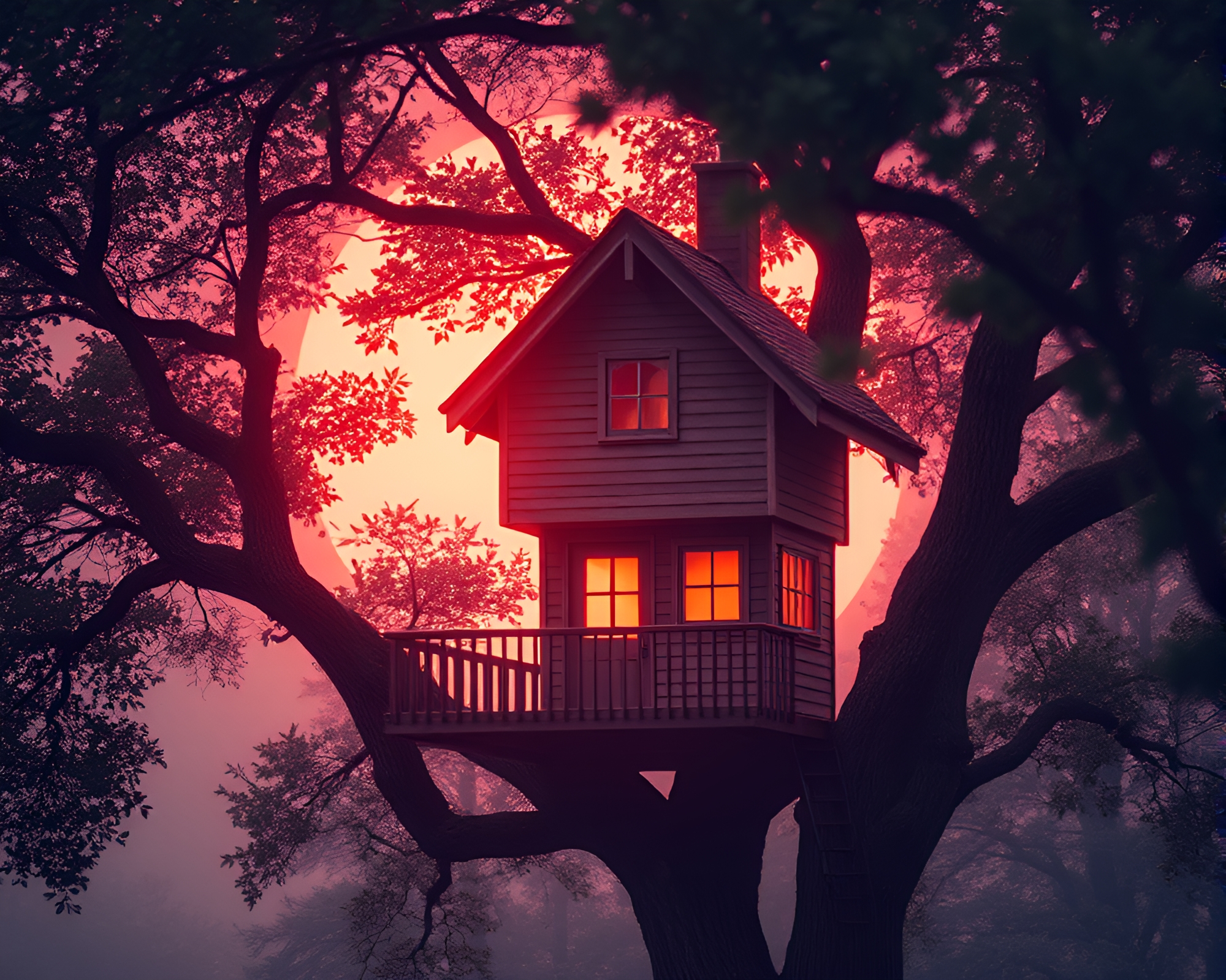 Sunrise Pink Glow Treehouse Texture Overlay Composition – free AI stock image