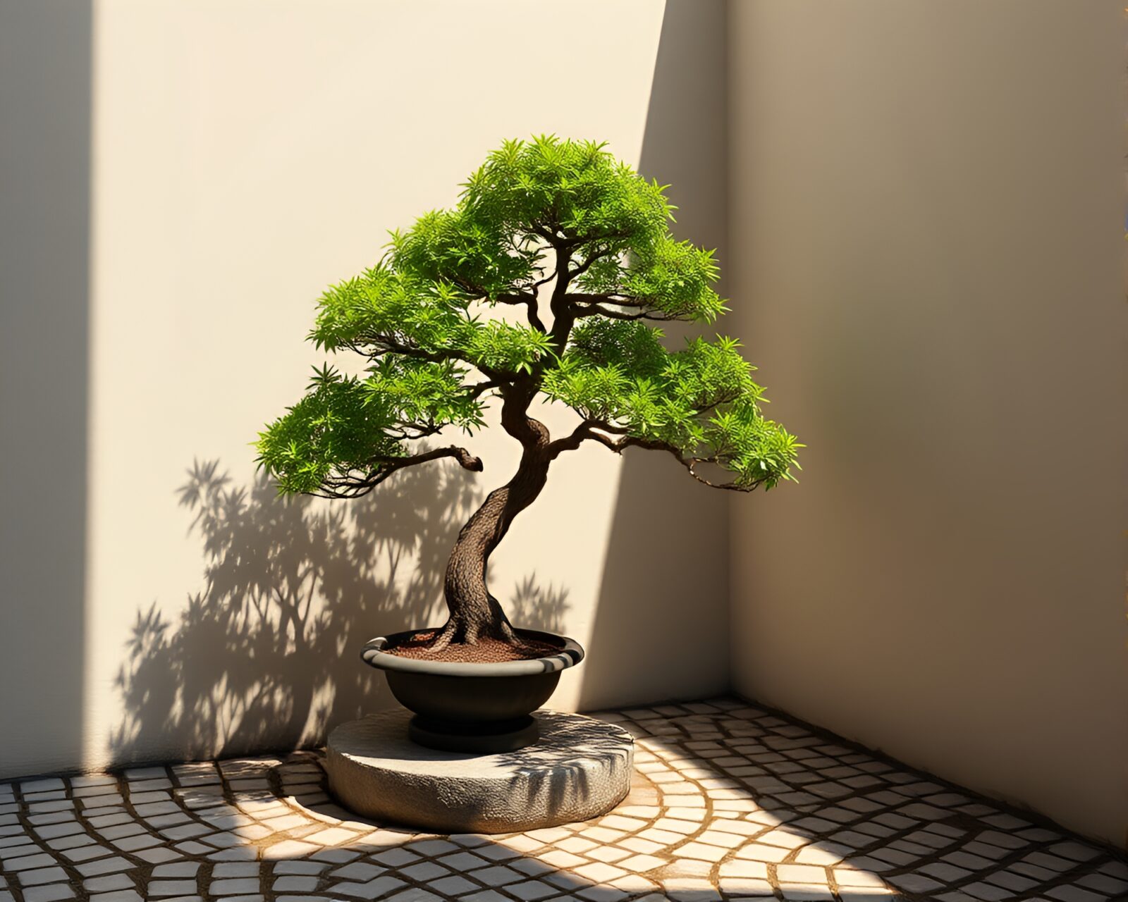 Serene attic scene with bonsai tree and cobblestone path