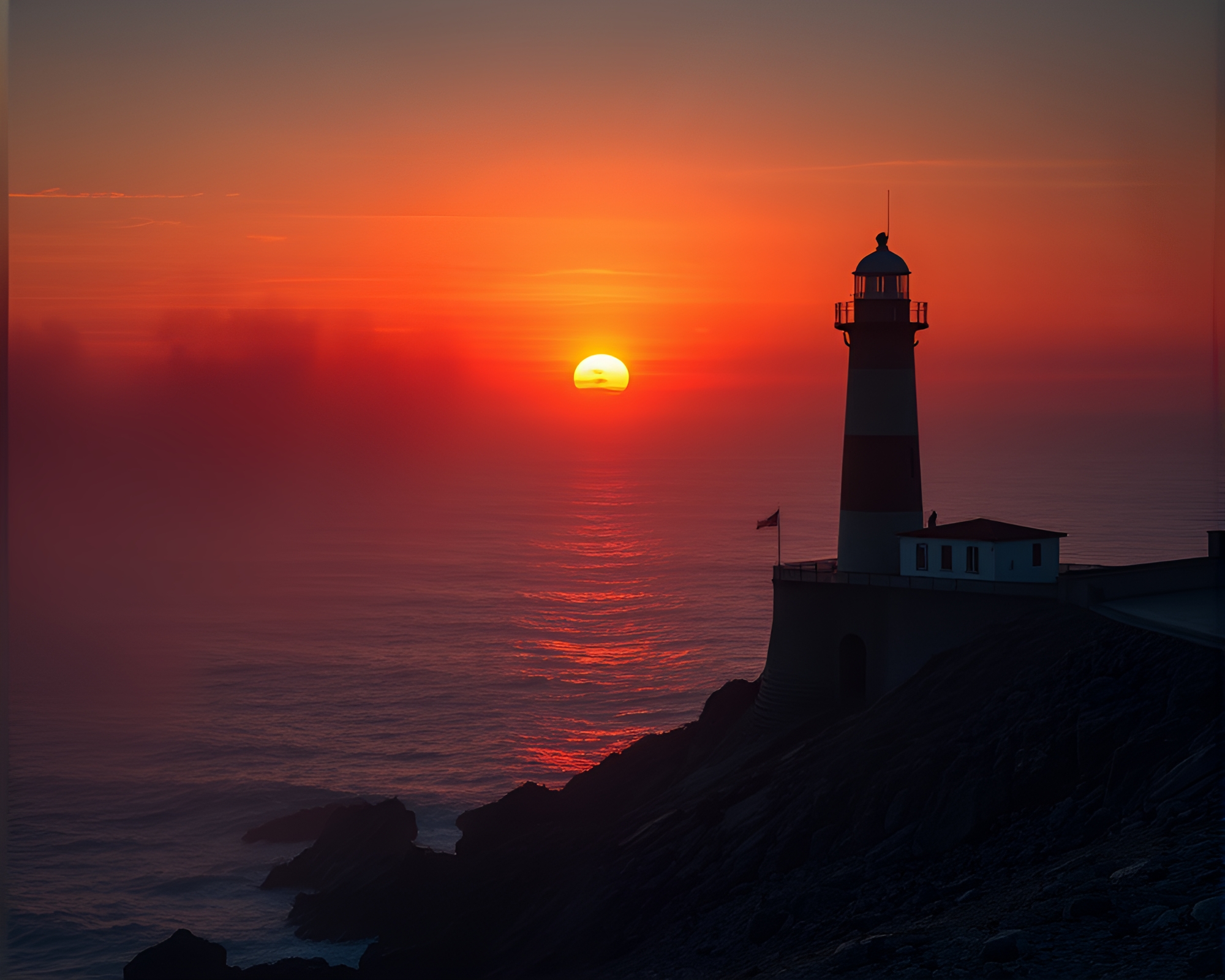 Majestic Lighthouse in Sunset Smoke Rings – free AI stock image
