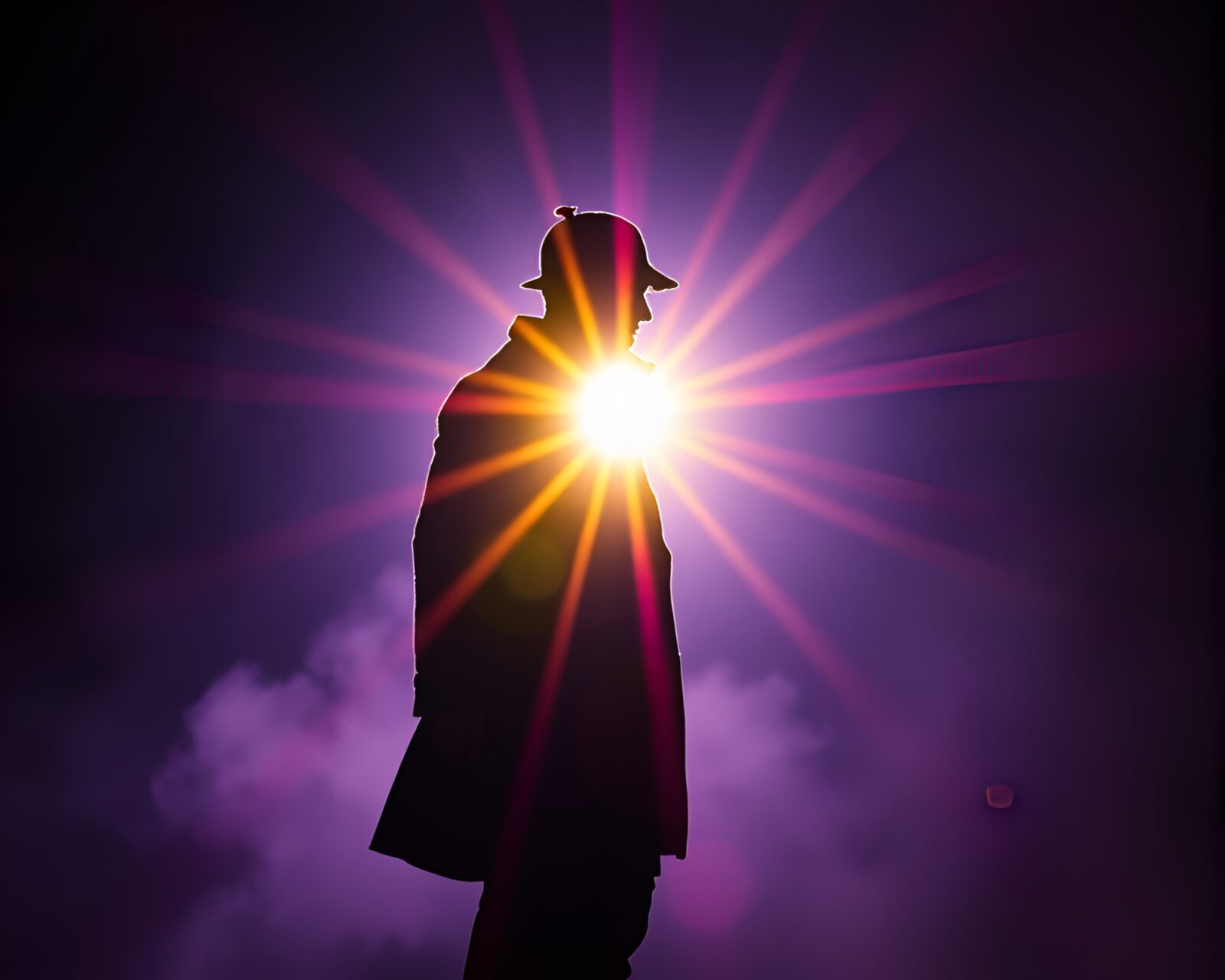 Eerie silhouette of Sherlock Holmes enveloped in glowing ultraviolet light