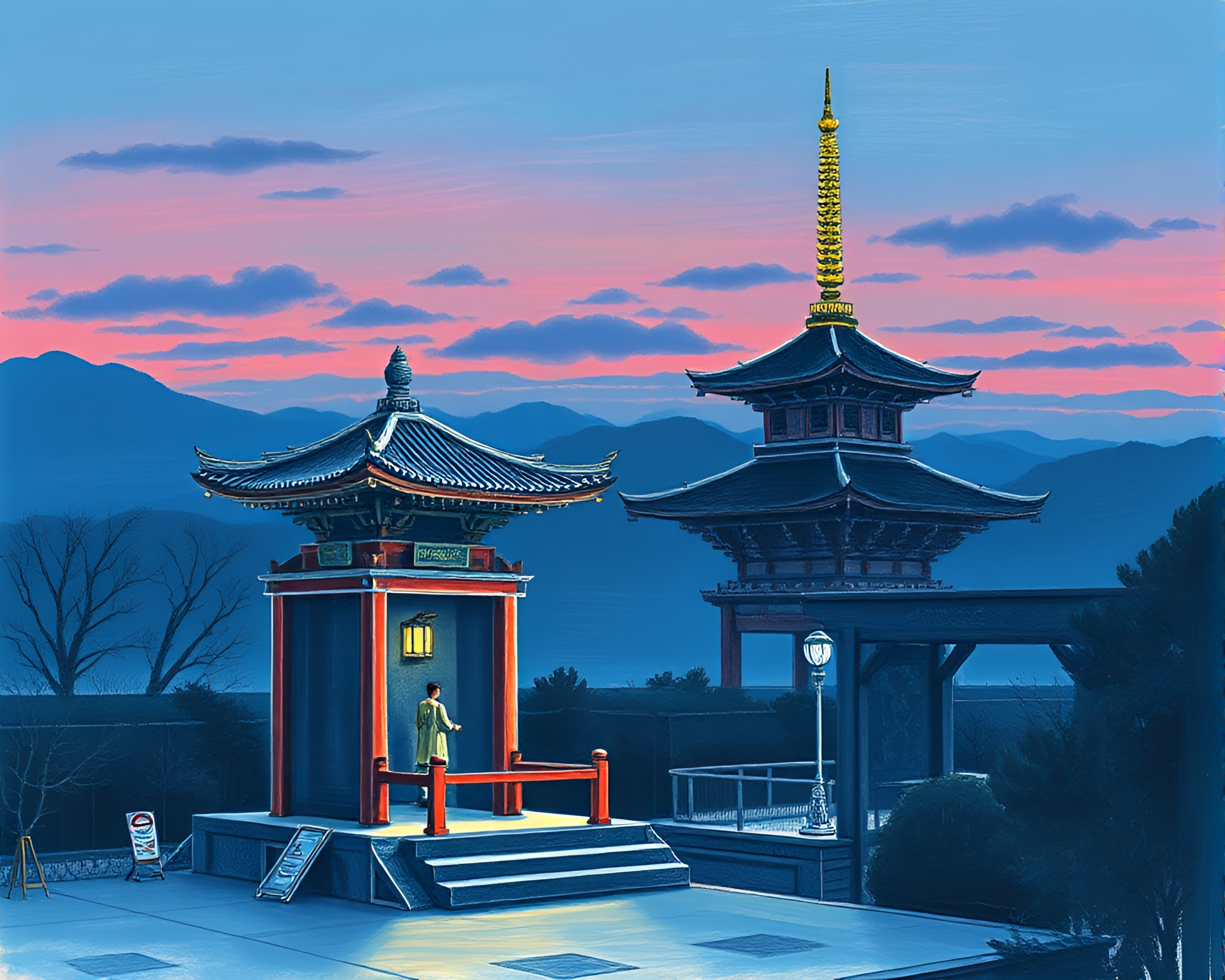 Twilight Pagoda: Chalk Medical Illustration – free AI stock image
