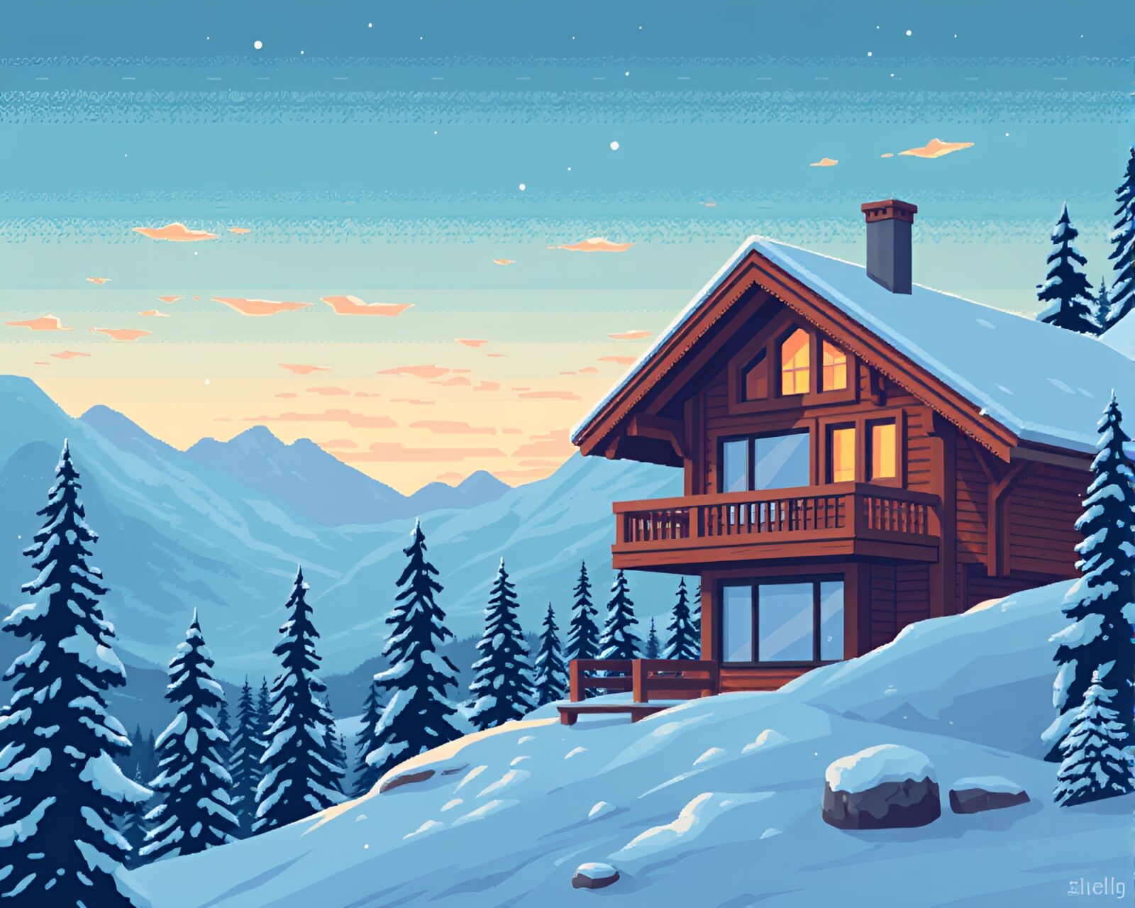Serpentine shaped chalet set in pixelated teal wilderness