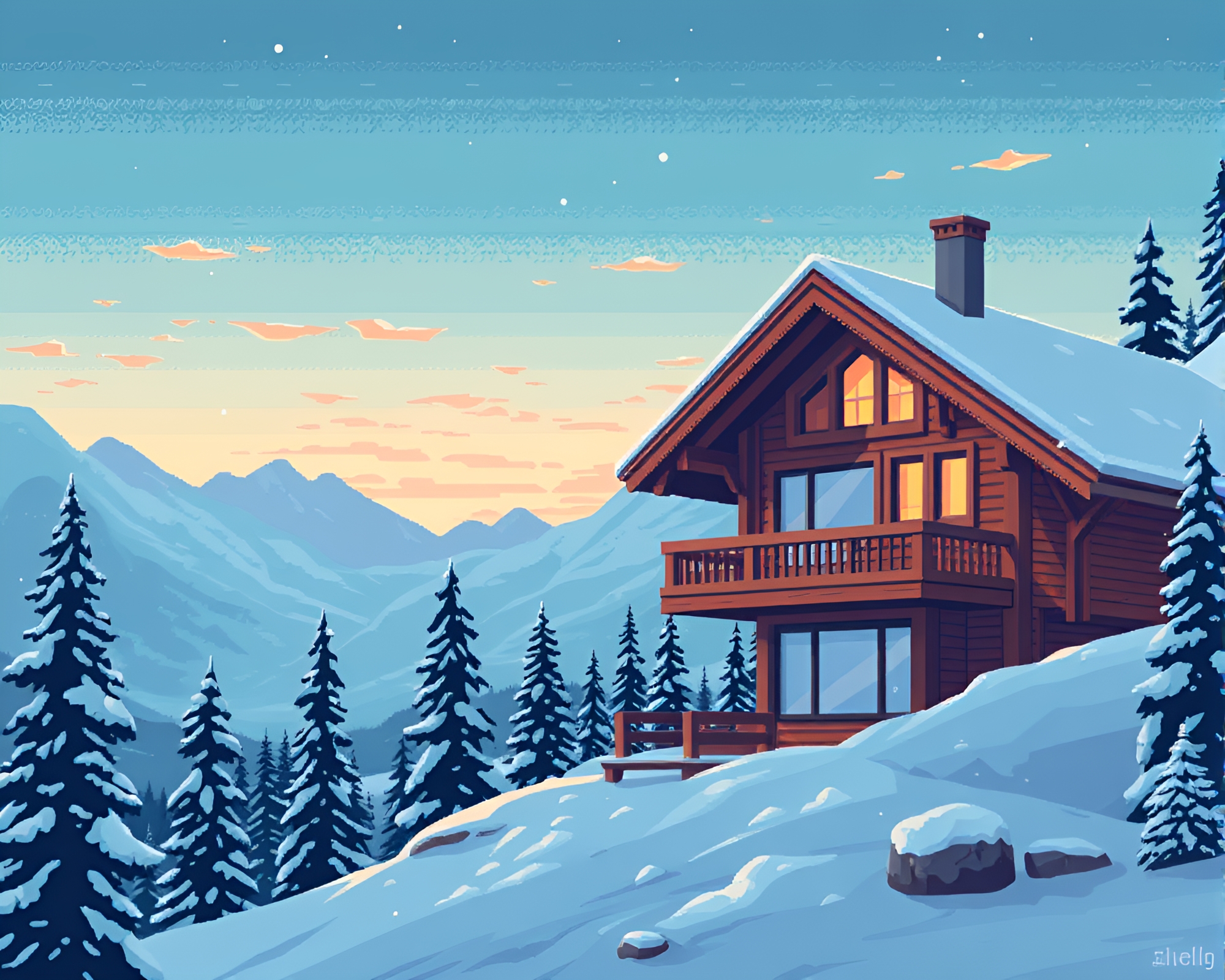 Tilted Alpine Chalet: 16-bit Teal Serenity – free AI stock image