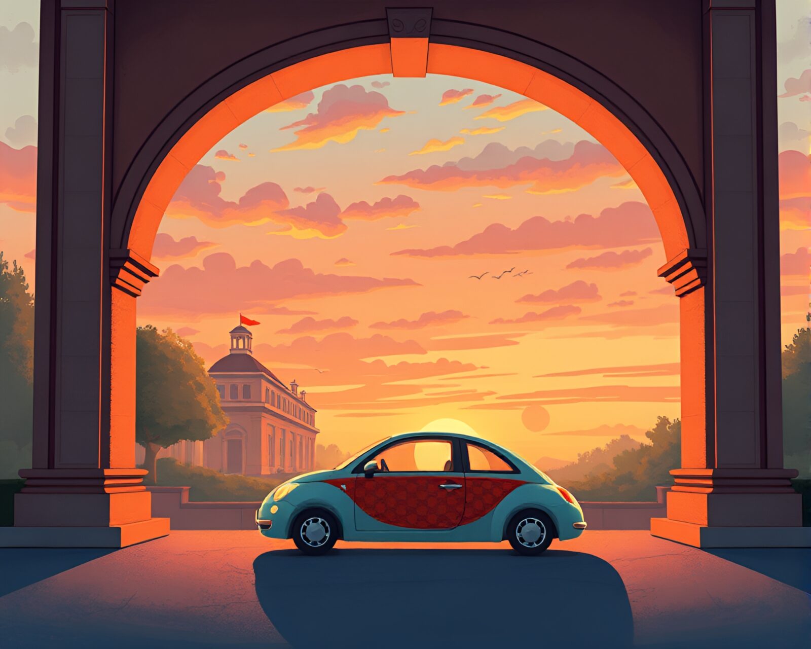 Children's book illustration of hover car in warm sunset glow