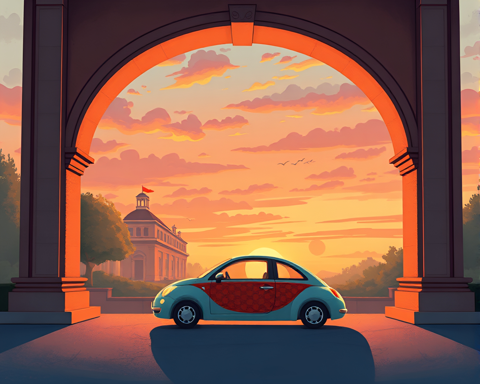 Surreal Hover Car Adventure at Sunset – free AI stock image