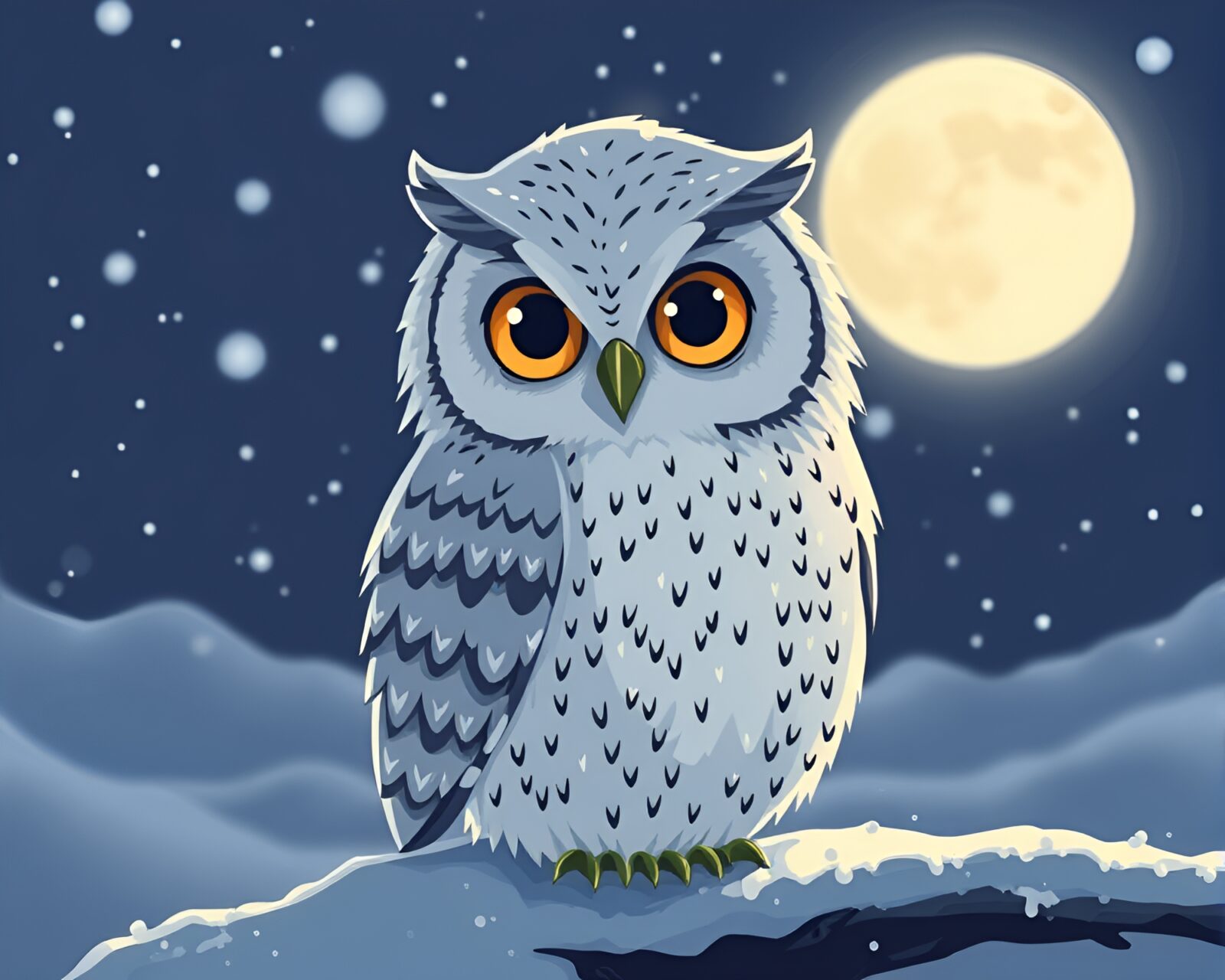 Playful snowy owl surrounded by dew drops, with retro scanlines