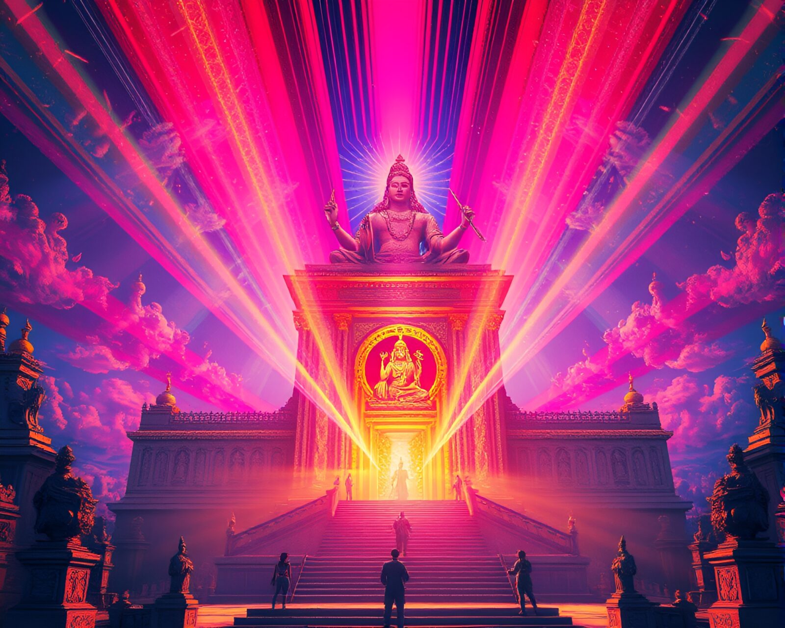 An engraving of a majestic temple emitting colorful rays