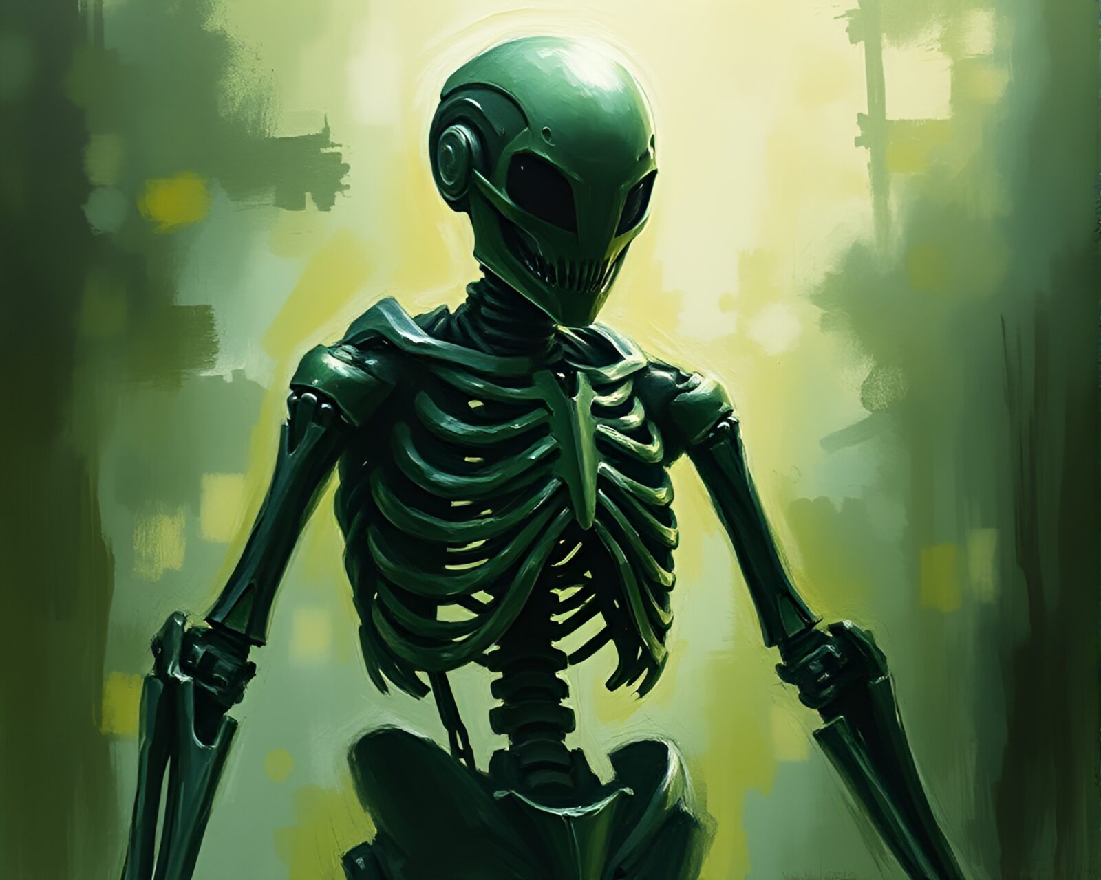 Abstract painting of figure in green exosuit in forest