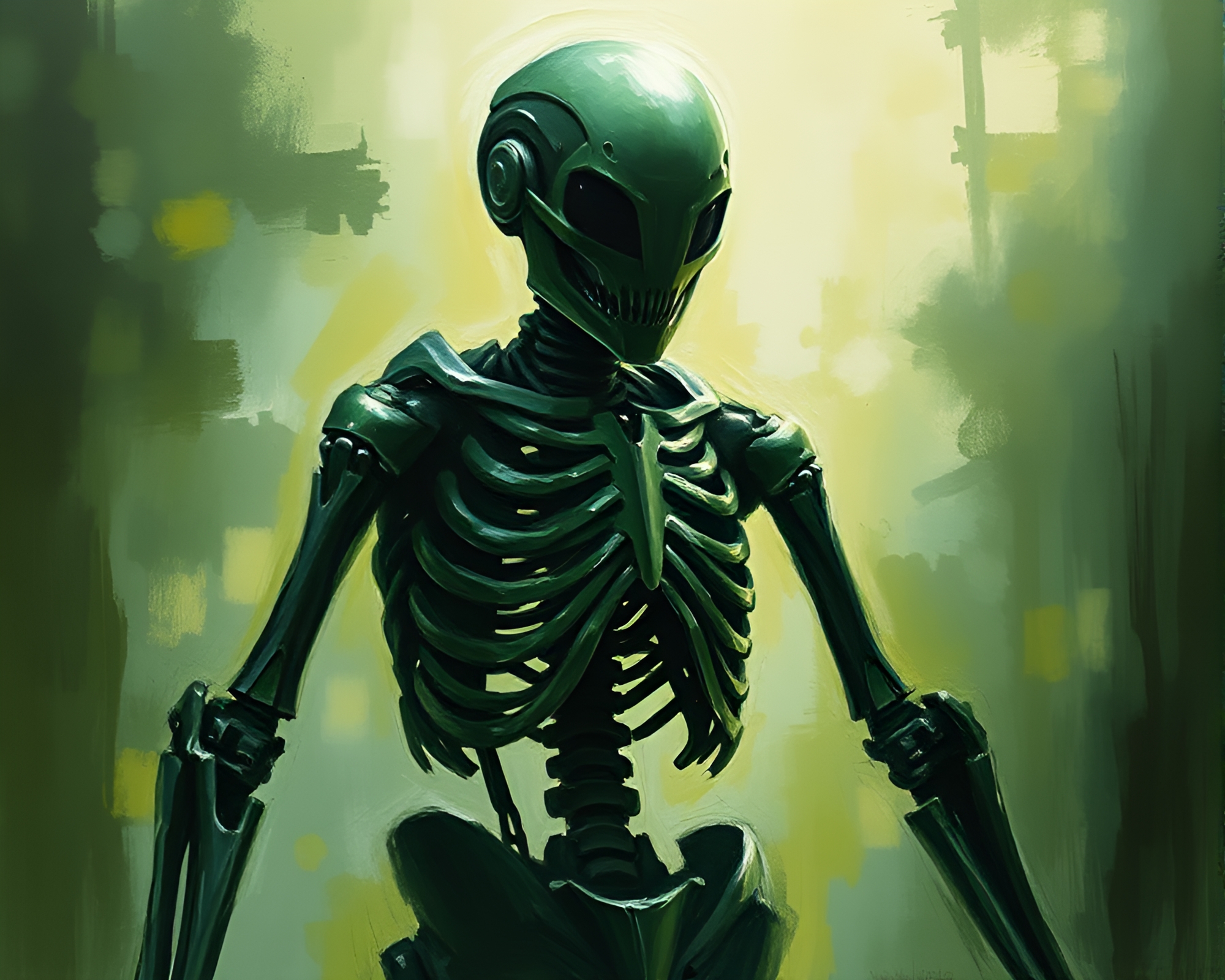Enigmatic Forest Exoskeleton Suit Painting – free AI stock image
