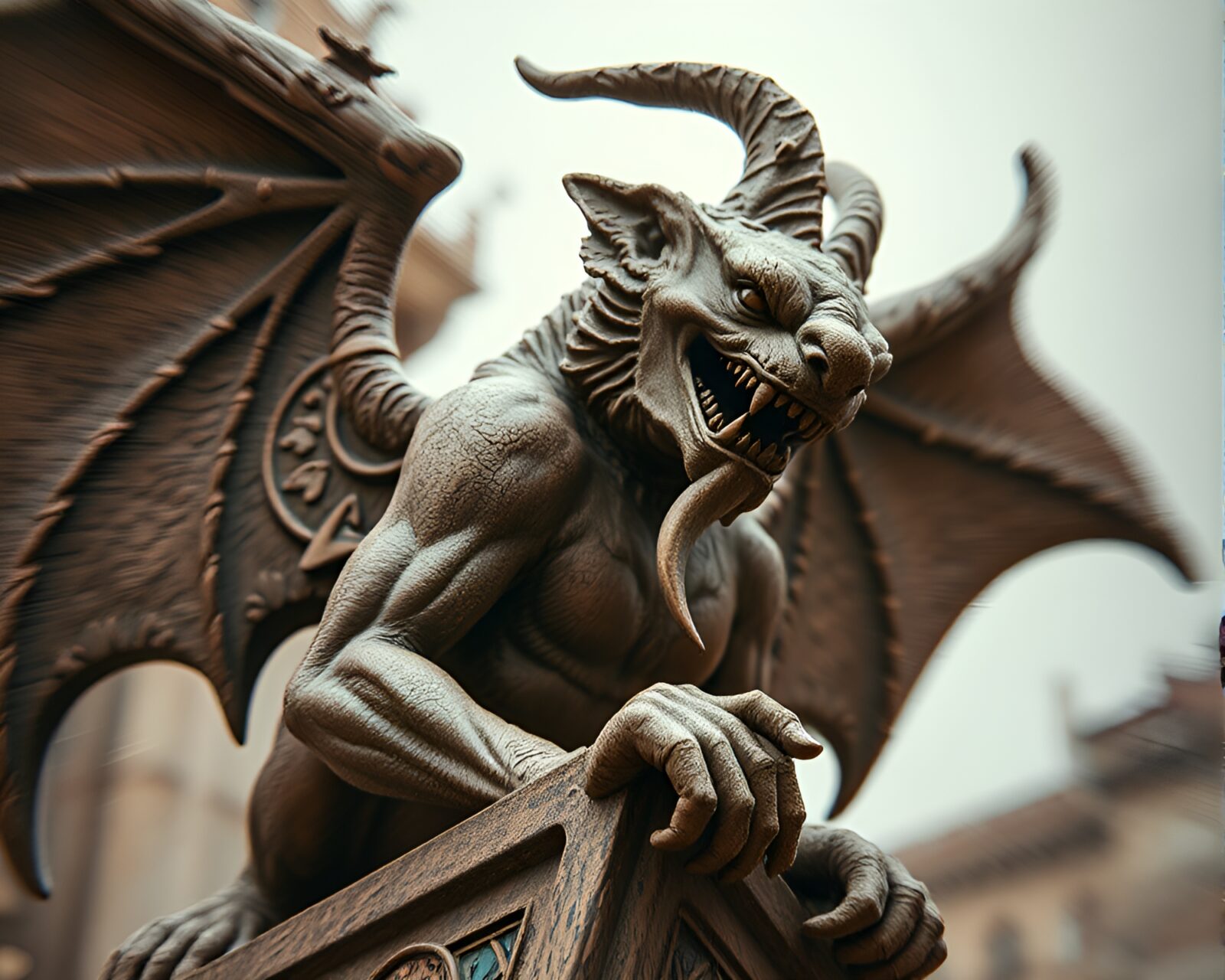 Muted earth tones gargoyle statues in dramatic lens distortion