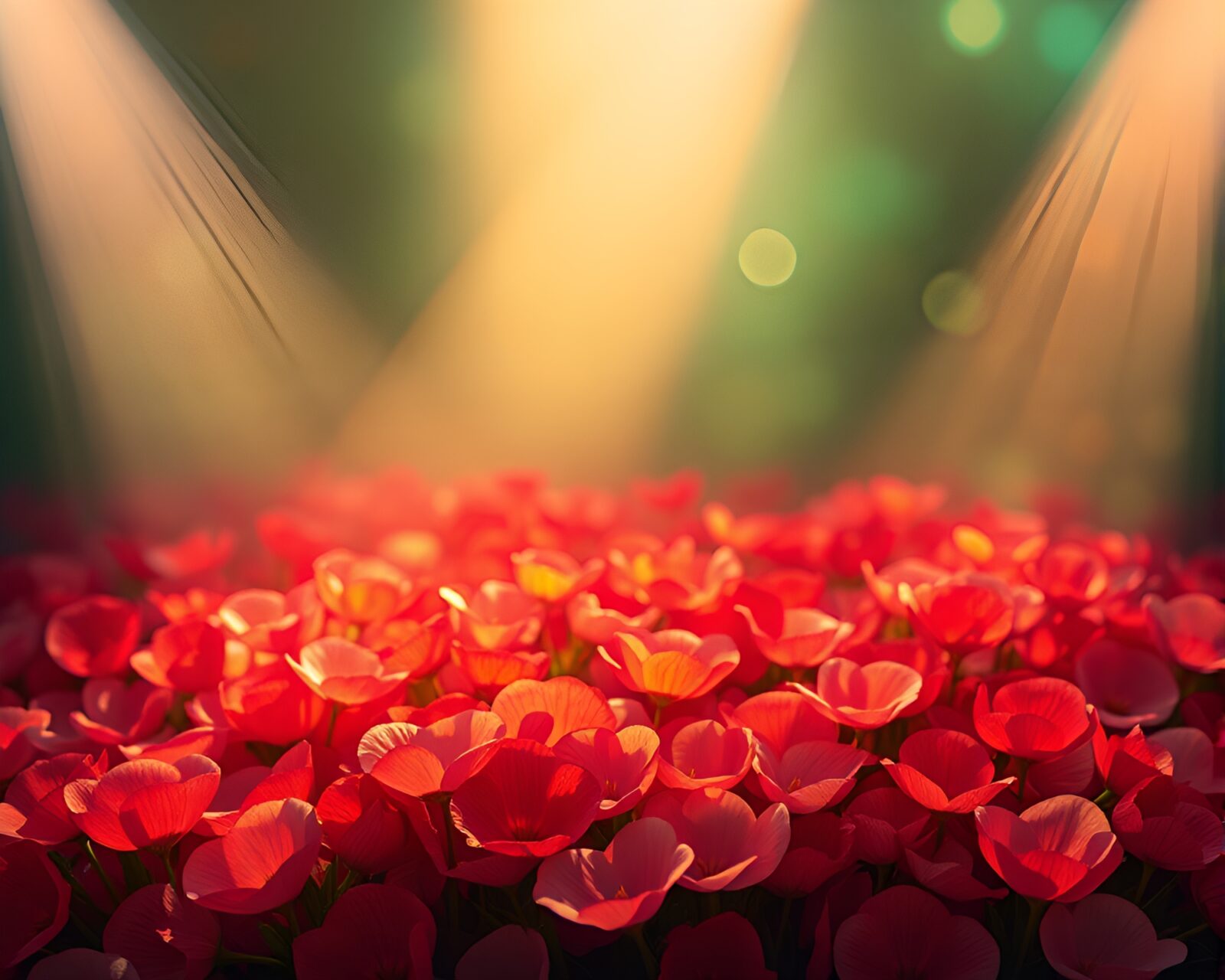 Majestic valley with glowing flower petals under dramatic lighting
