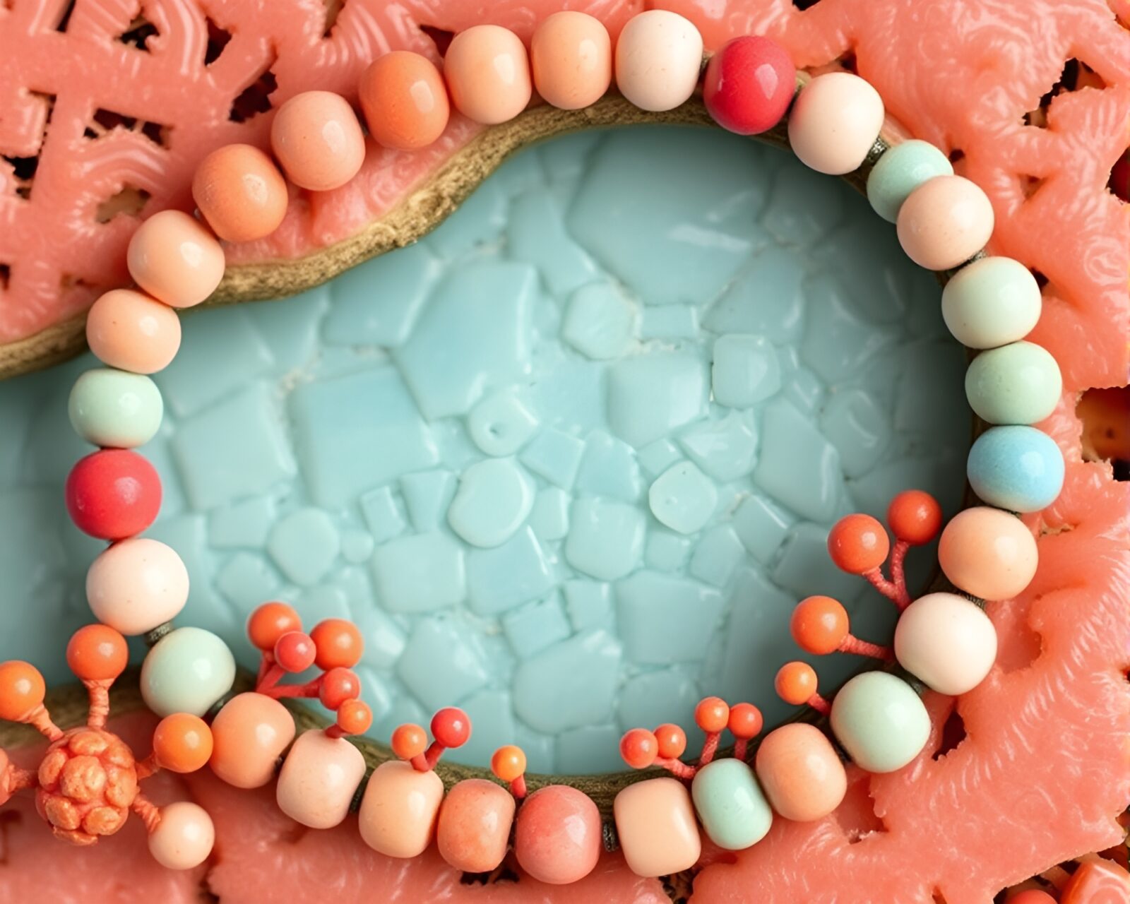 Washed-out colors contouring a coral atoll with beadwork accents