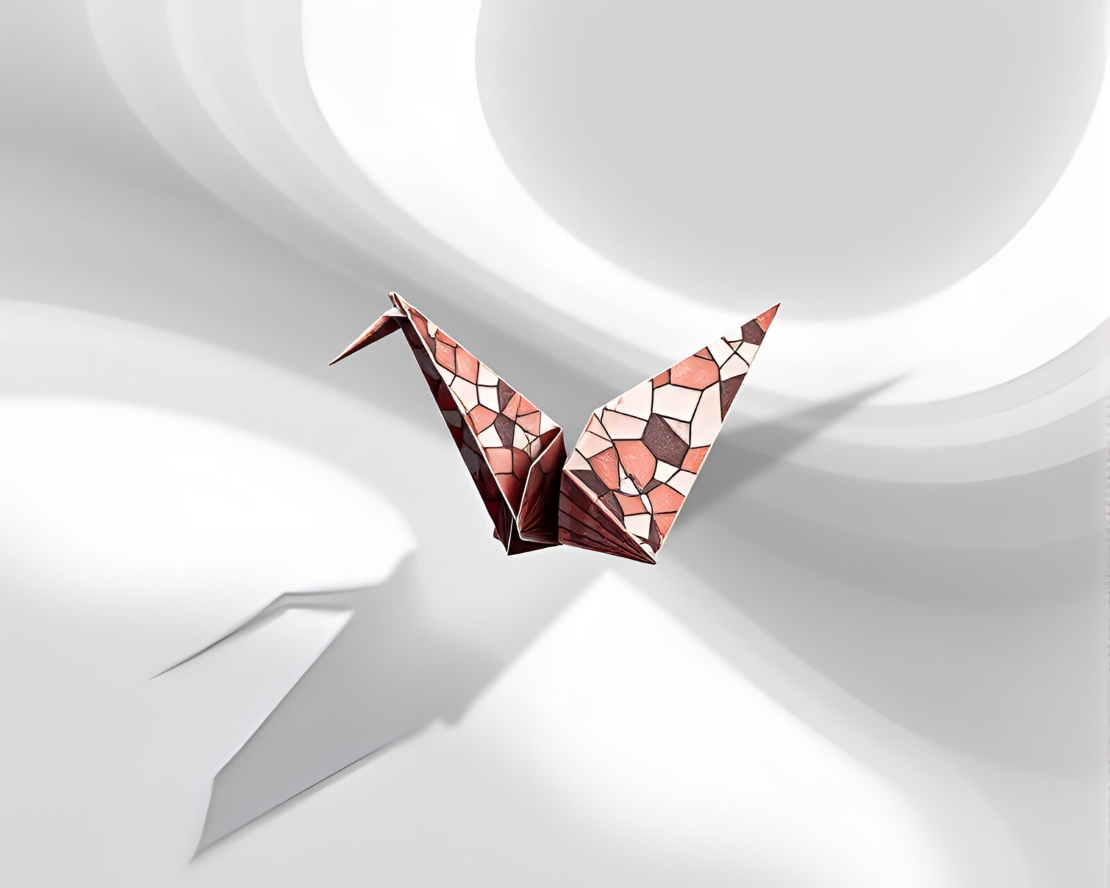 Ethereal origami crane amidst cosmic geometric light play