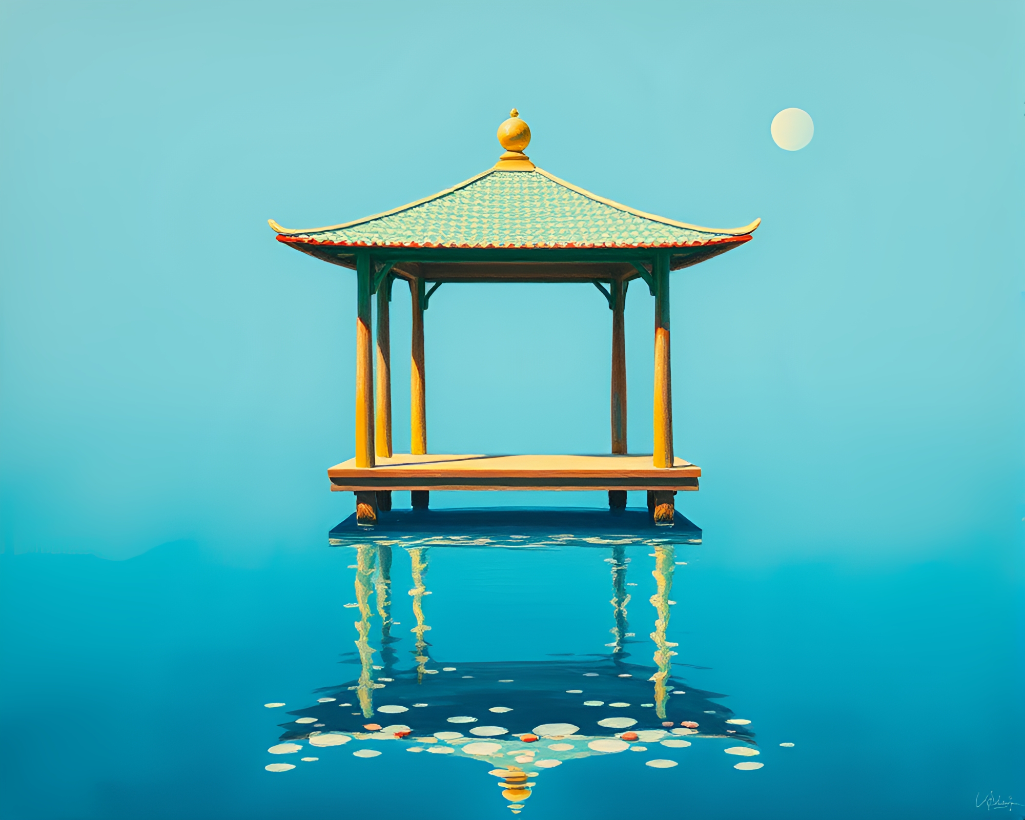 Surreal Pavilion Floating in Turquoise Dot Matrix Waters – free AI stock image