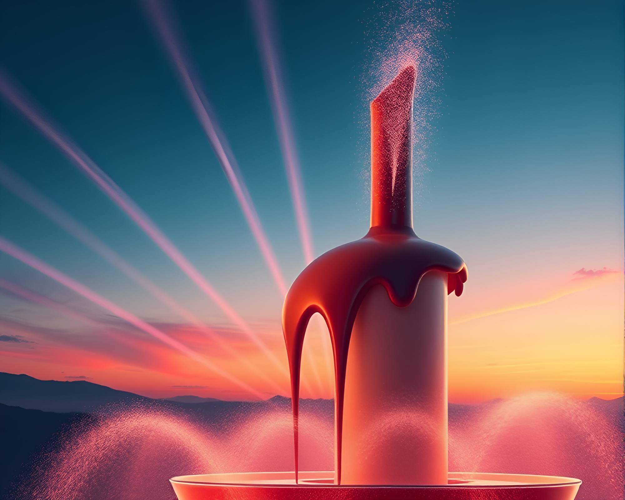 Chocolate Fountain Emitting Laser Beams into Pastel Sky – free AI stock image