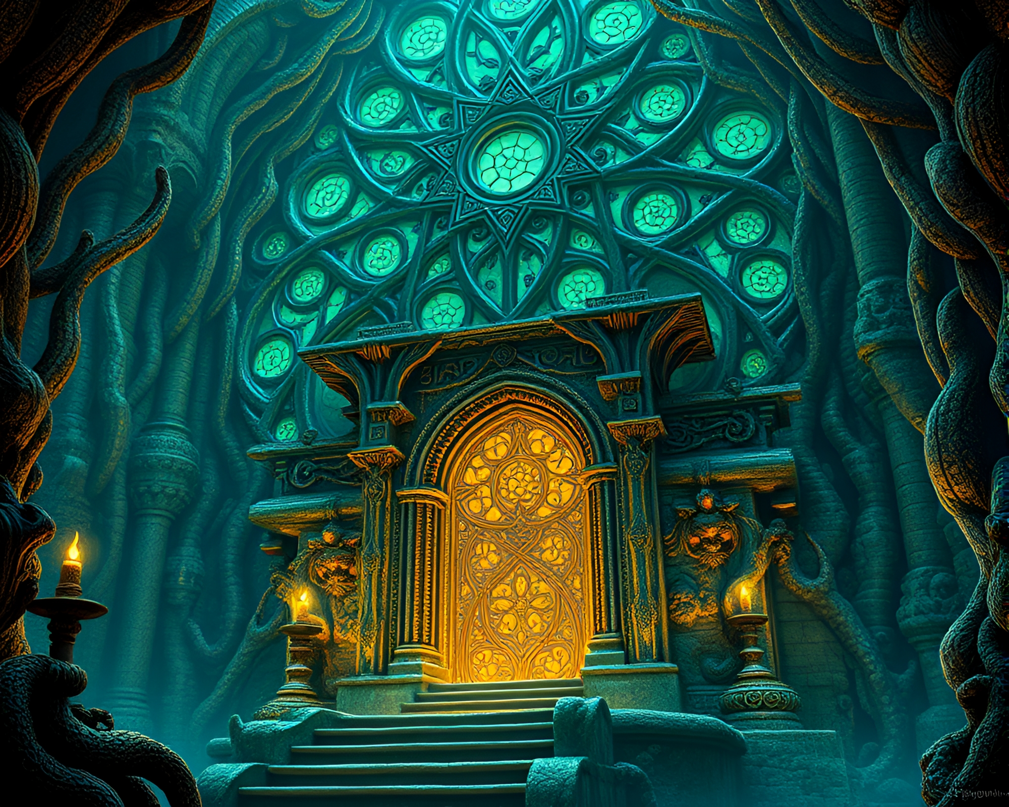Intricate Bio-Organic Statue Illuminated by Dungeon Torchlight – free AI stock image