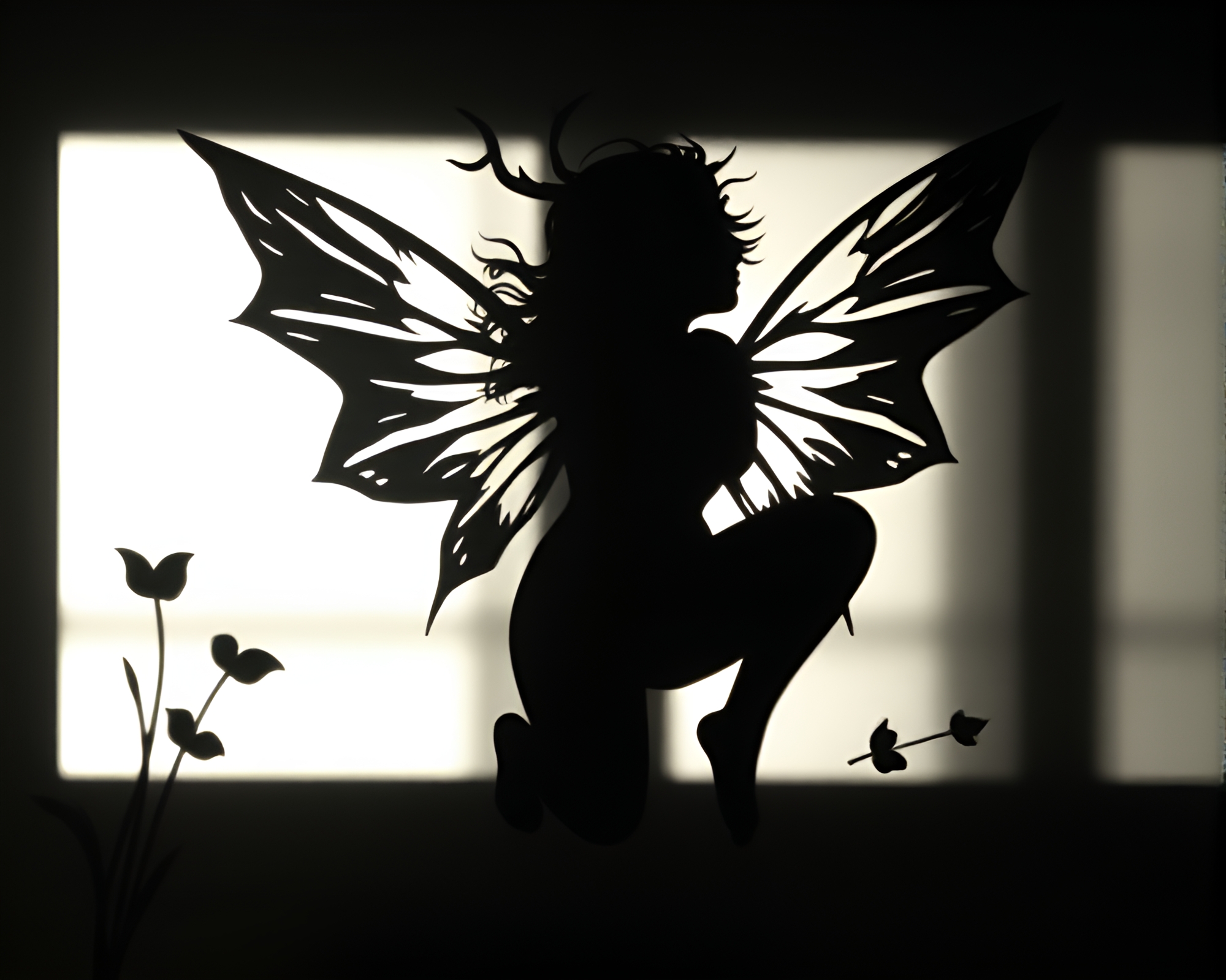 Nymph in Noir: Stencil Shadows and Warm Glow – free AI stock image