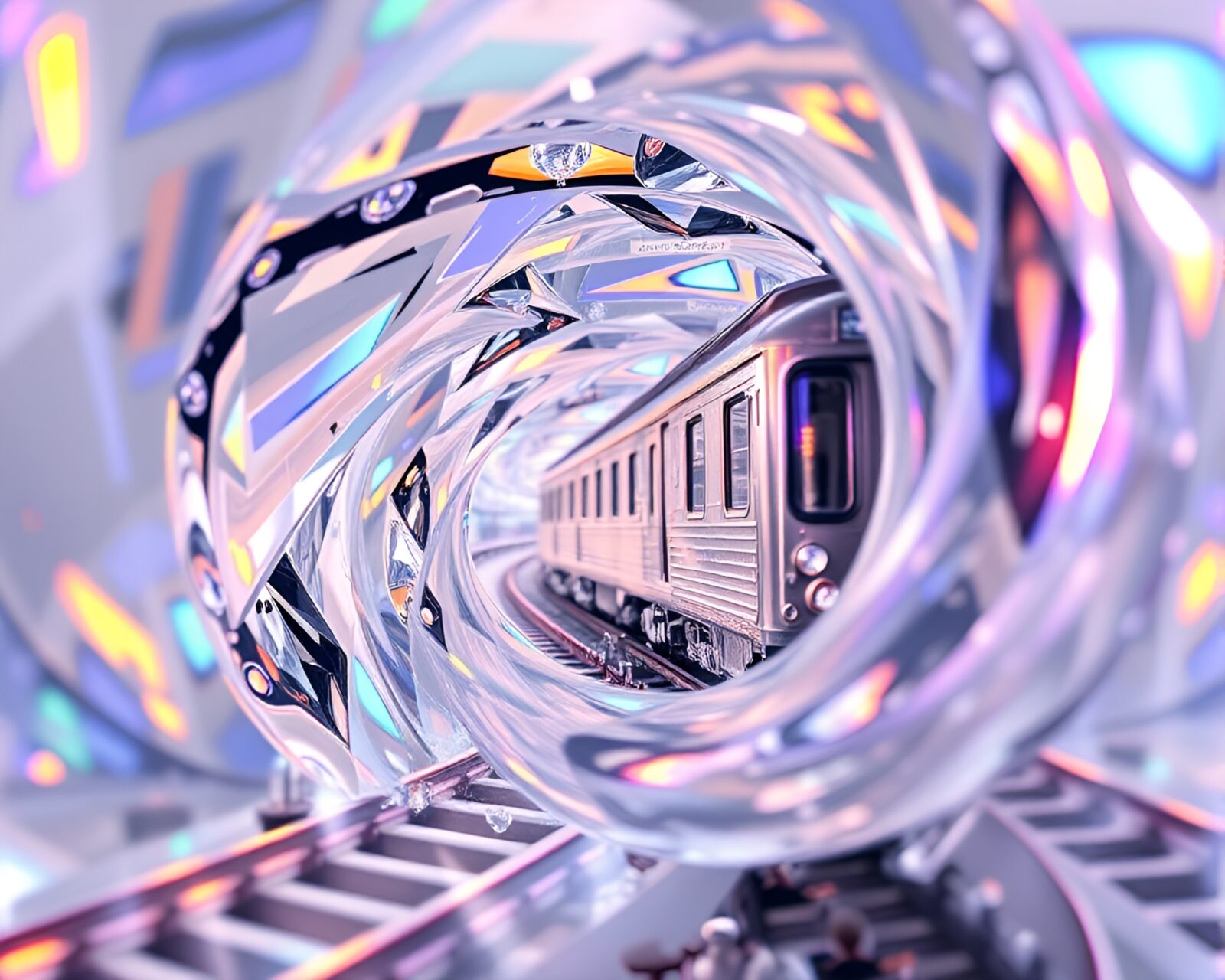 A futuristic holographic train swirling in a crystal-clear vortex
