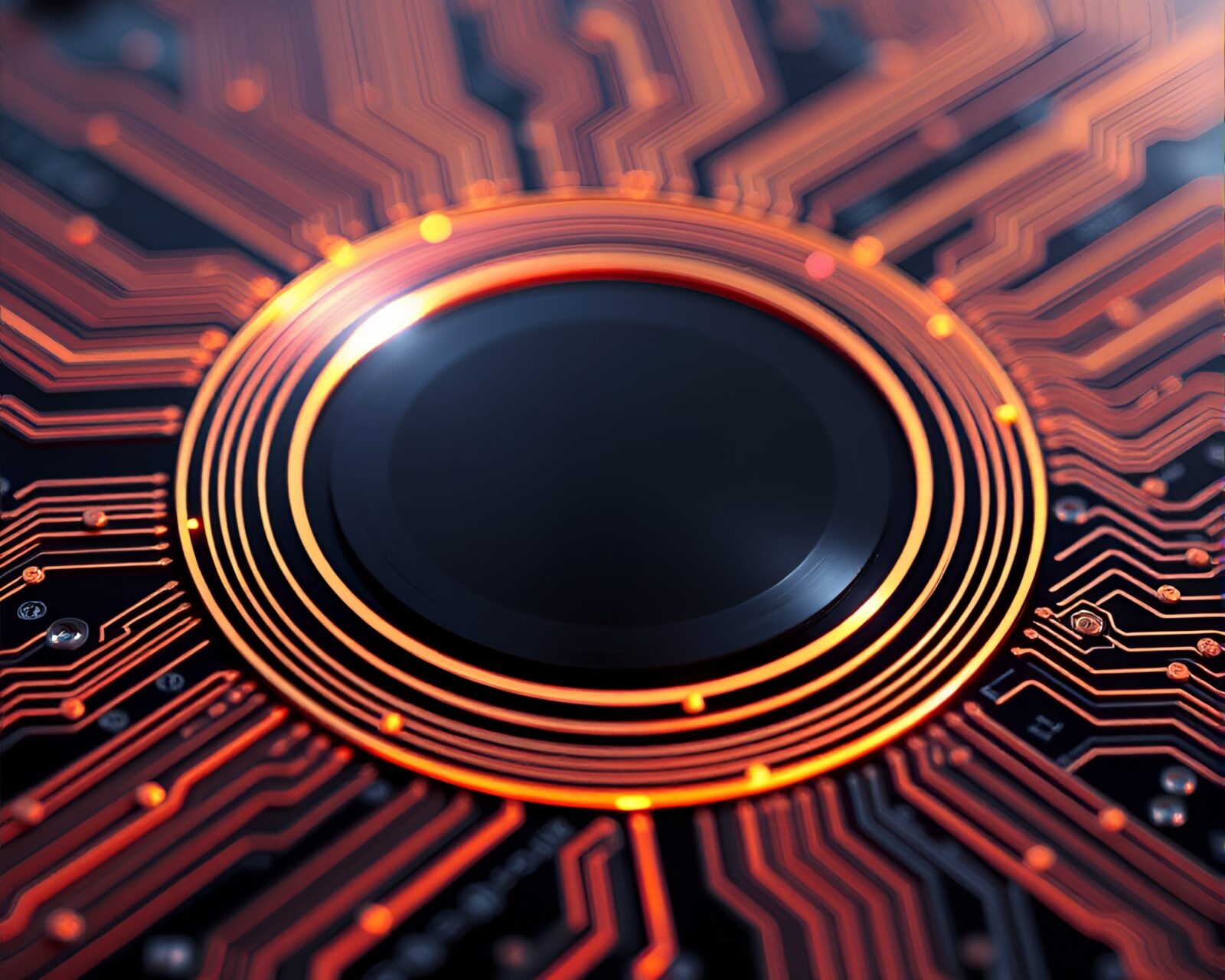 Intricate circuit board traces forming a glowing magic circle