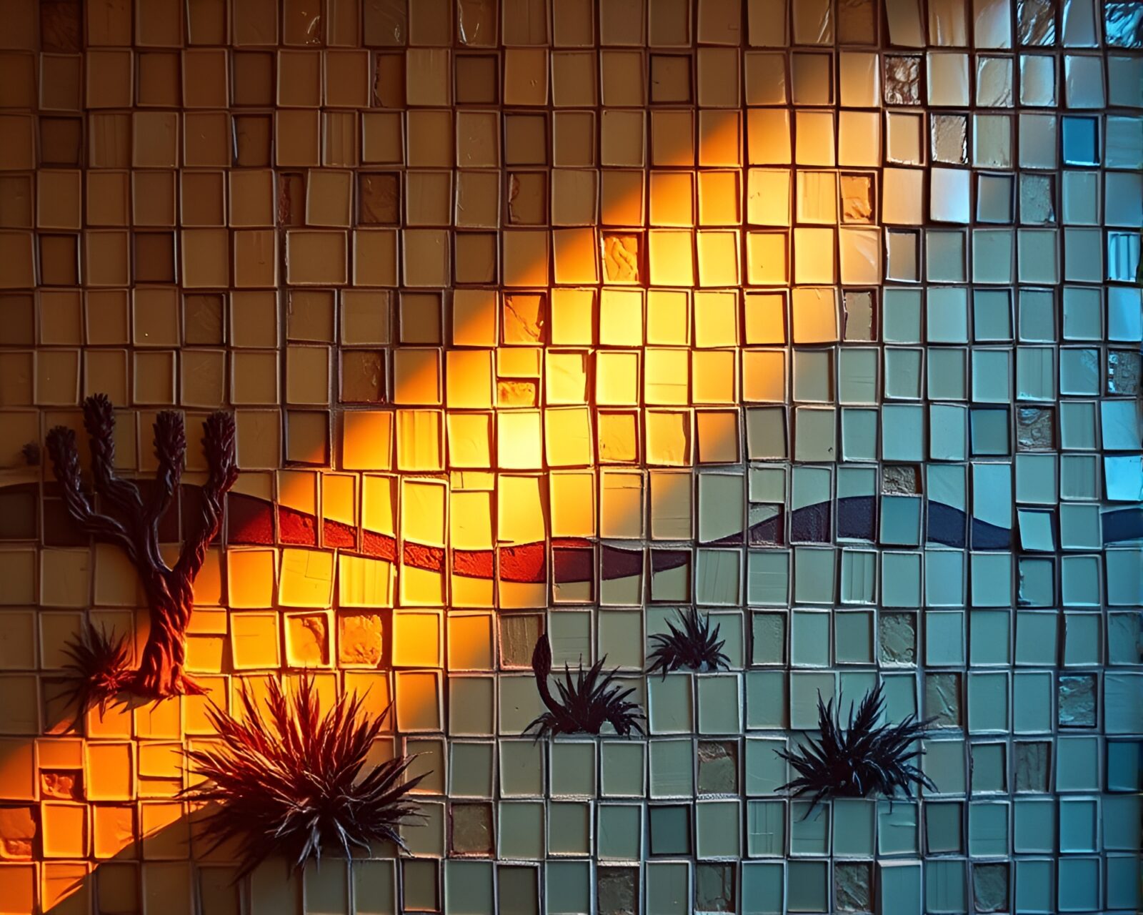 A shimmering desert oasis depicted through intricate etching