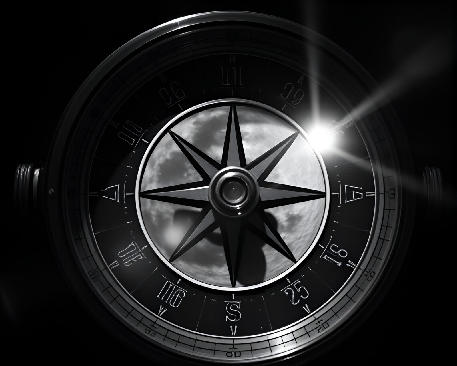 Vintage compass floating in grayscale lunar light with lens flare
