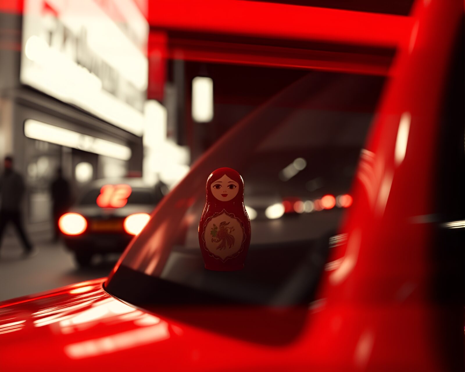 Matryoshka doll taxi speeding past with volcano-red glow