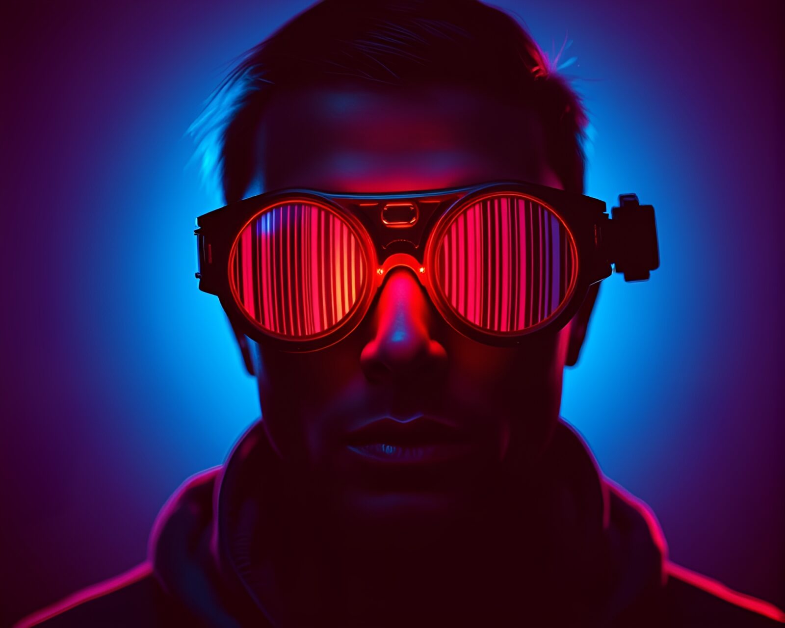 Steampunk goggles in striking red-blue duotone with barcode stripe