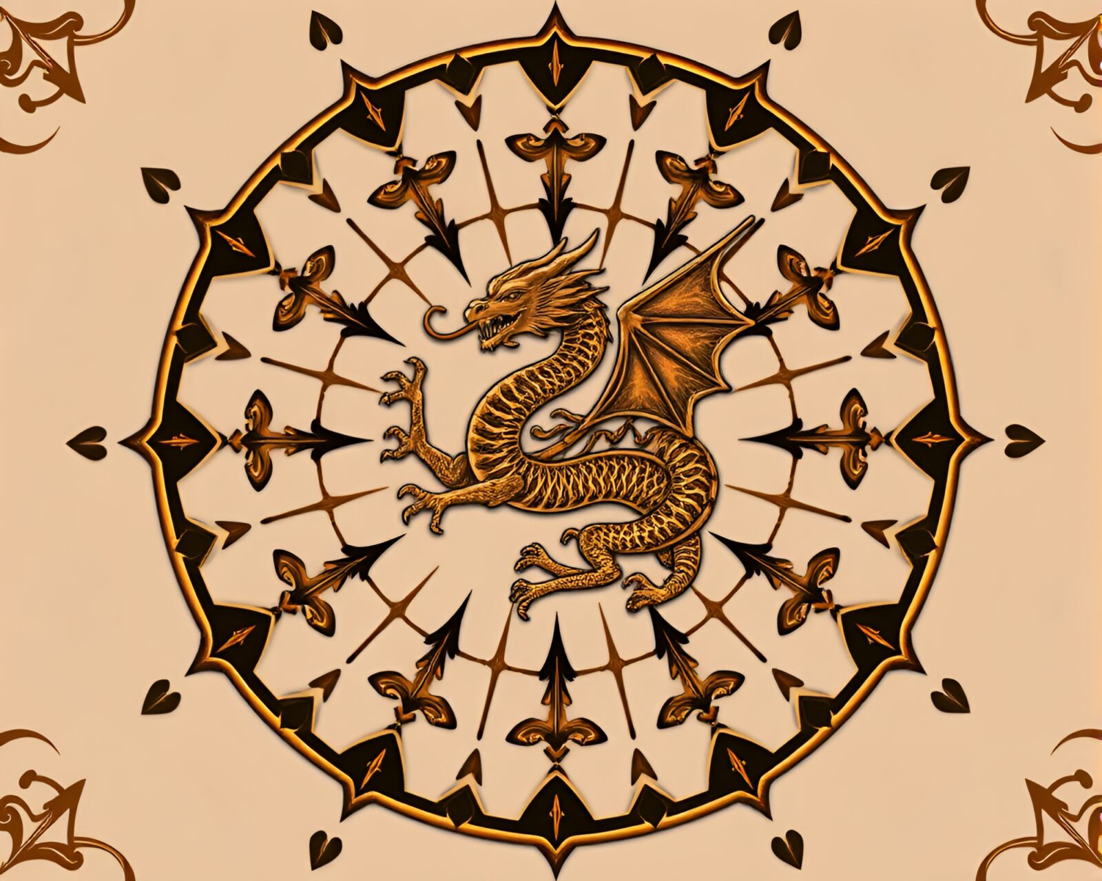 Flat design of a celestial dragon with a bronze sheen