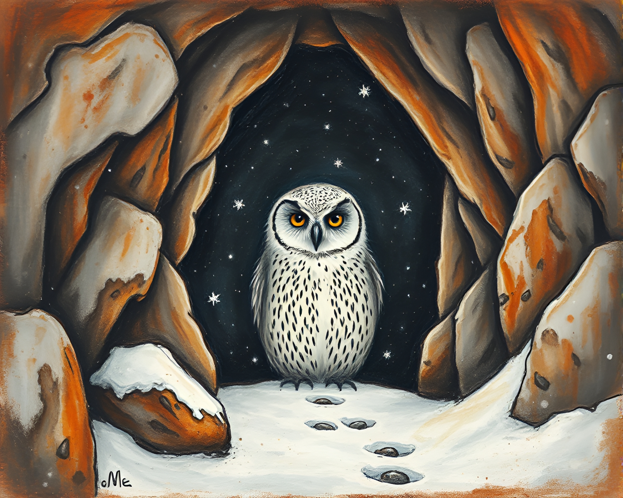Rust Patina Snowy Owl in Dark Cave Conté Crayon Drawing – free AI stock image